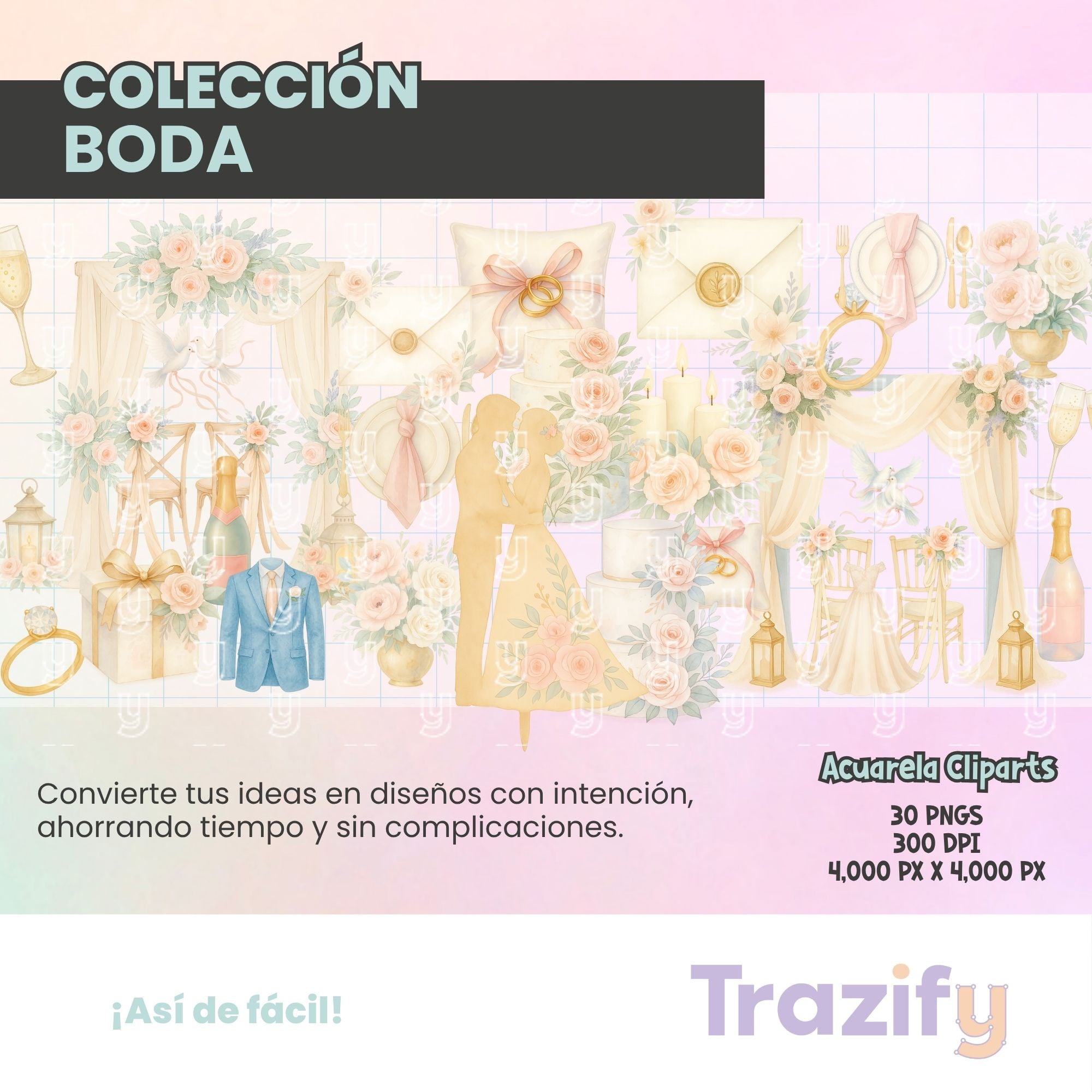 03 - Trazos de Amor Eterno - BODA ACUARELA Cliparts Digitales