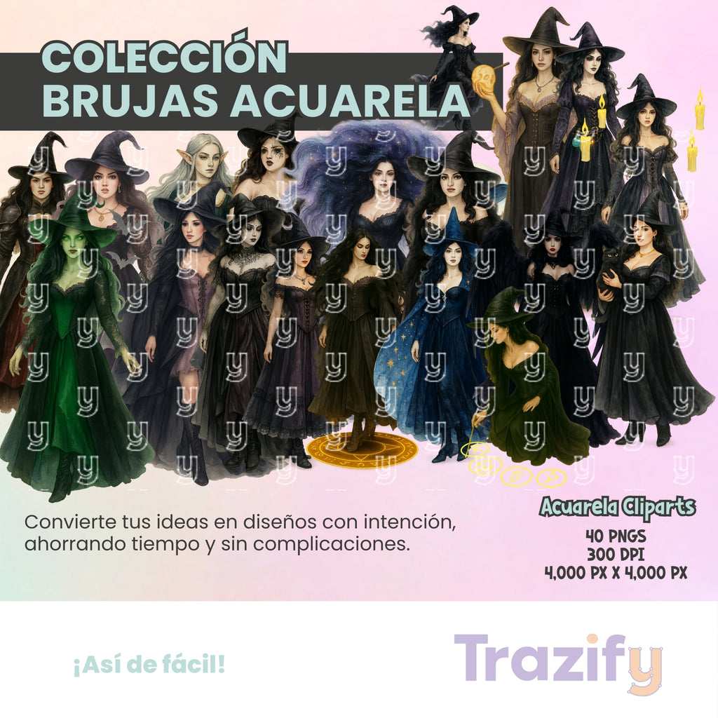 02 - Halloween - BRUJAS ACUARELA Cliparts Digitales