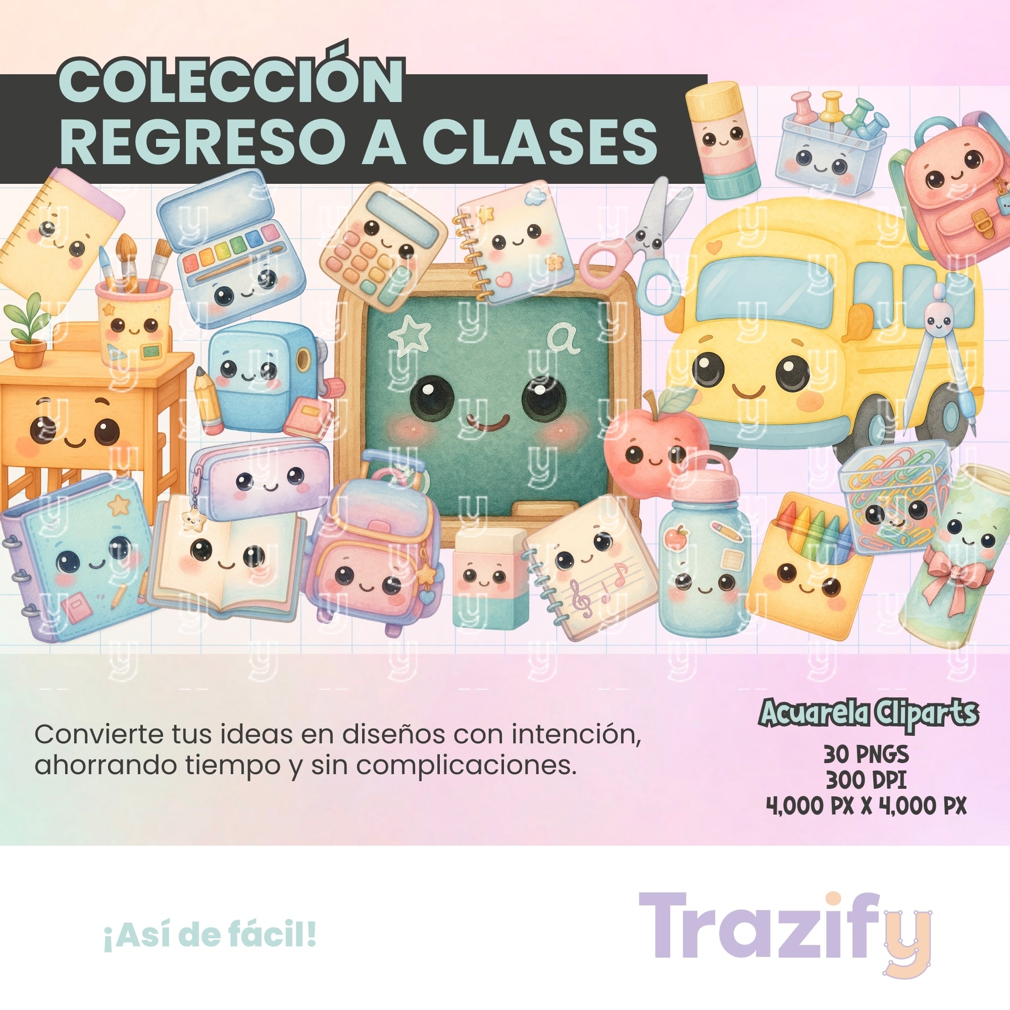 01 - Regreso a Clases - KAWAII Acuarela Cliparts Digitales
