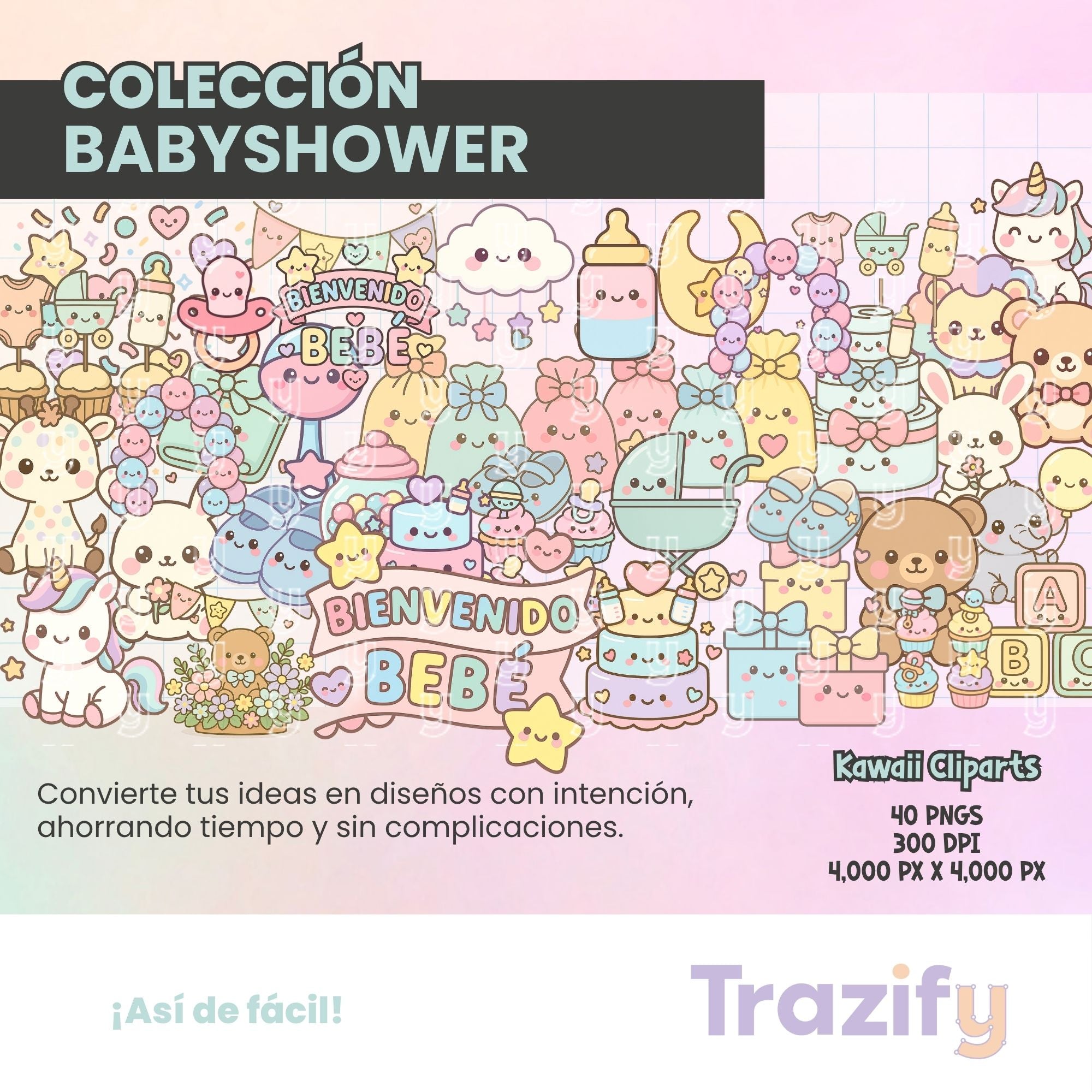02 - Ternura En Cada Trazo - BABYSHOWER KAWAII Cliparts Digitales