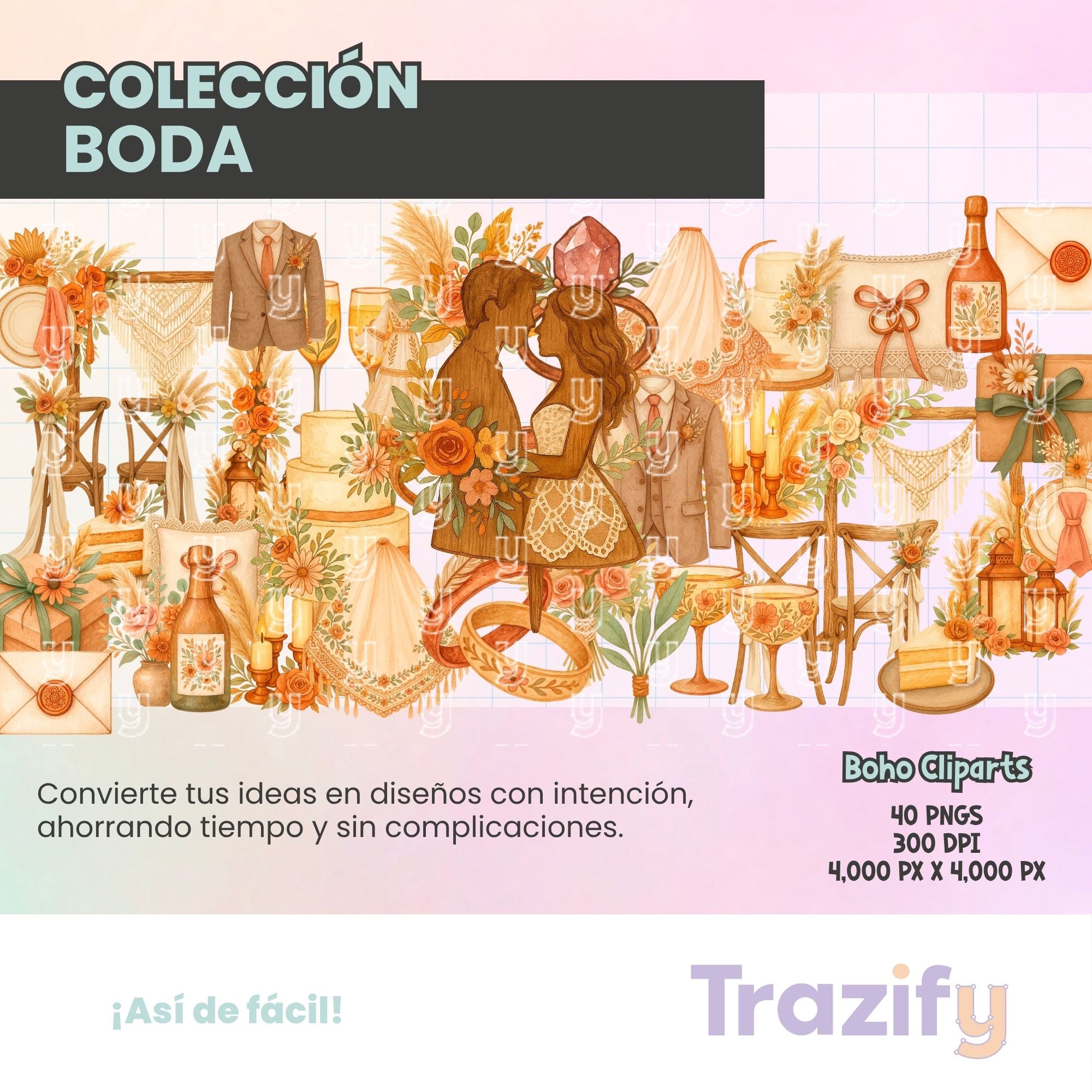 01 - Trazos de Amor Eterno - BODA BOHO Cliparts Digitales