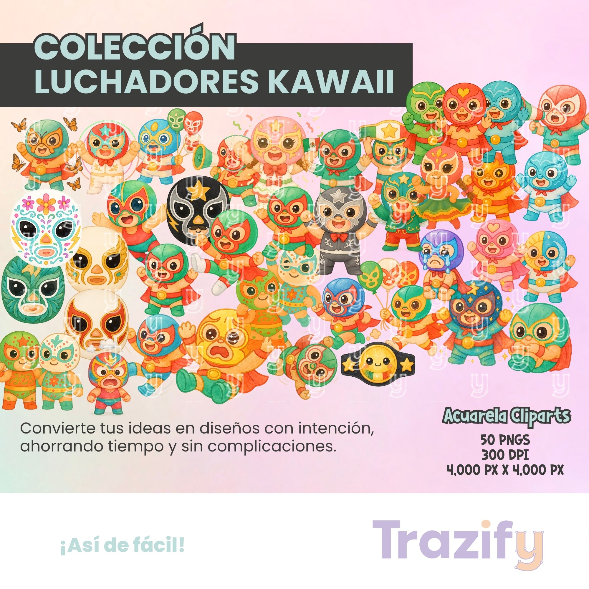 02 - Luchadores - ACUARELA KAWAII Cliparts Digitales