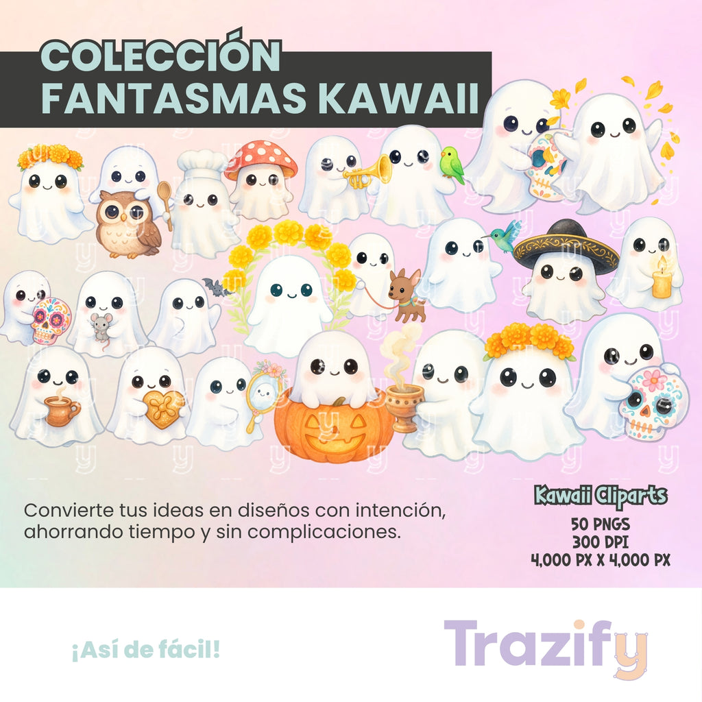 04 - Halloween - FANTASMAS KAWAII Cliparts Digitales