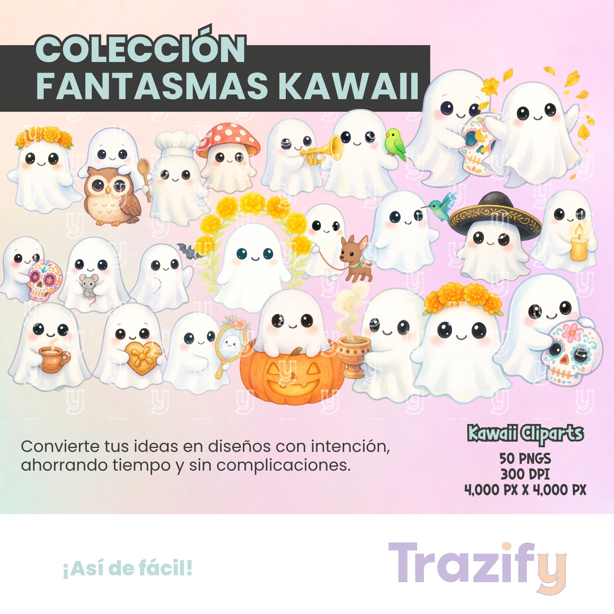 04 - Halloween - FANTASMAS KAWAII Cliparts Digitales