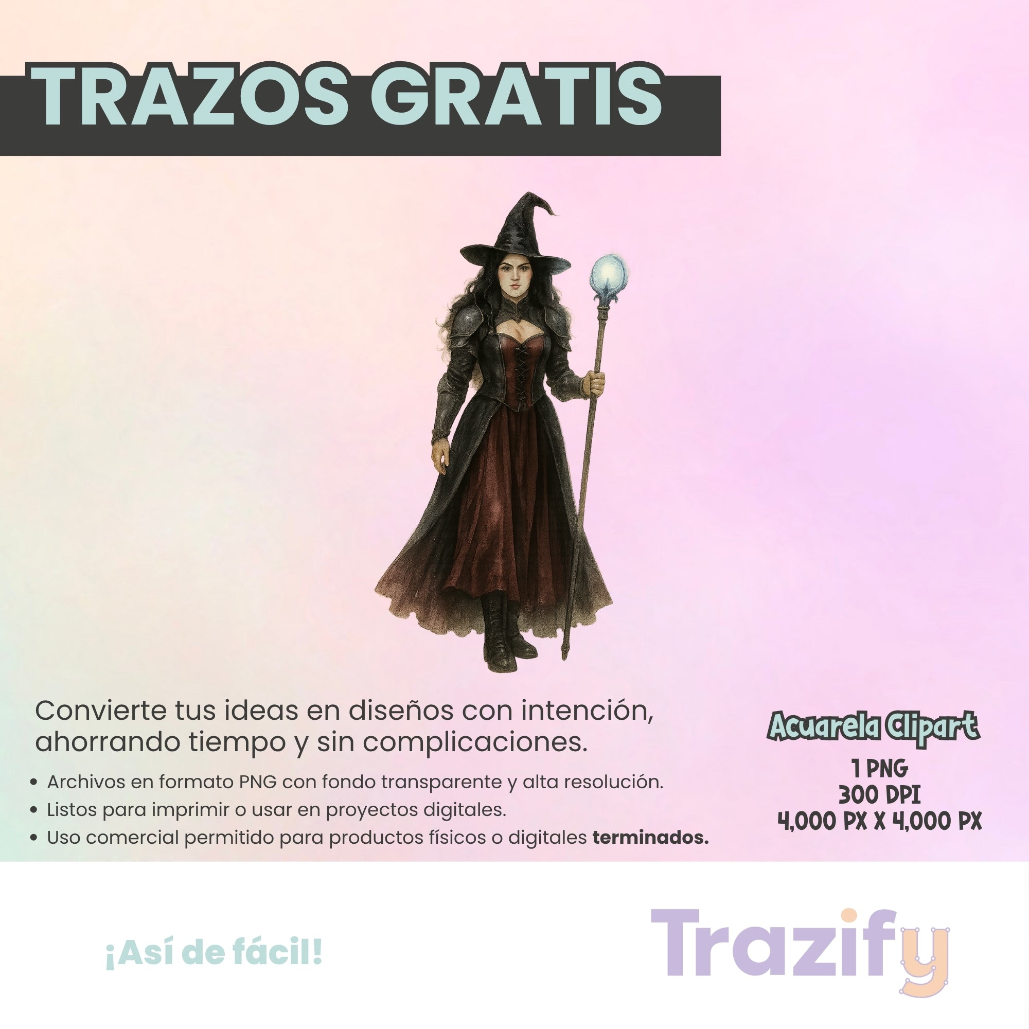 01 - Trazos gratis - BRUJA ACUARELA Clipart Digital