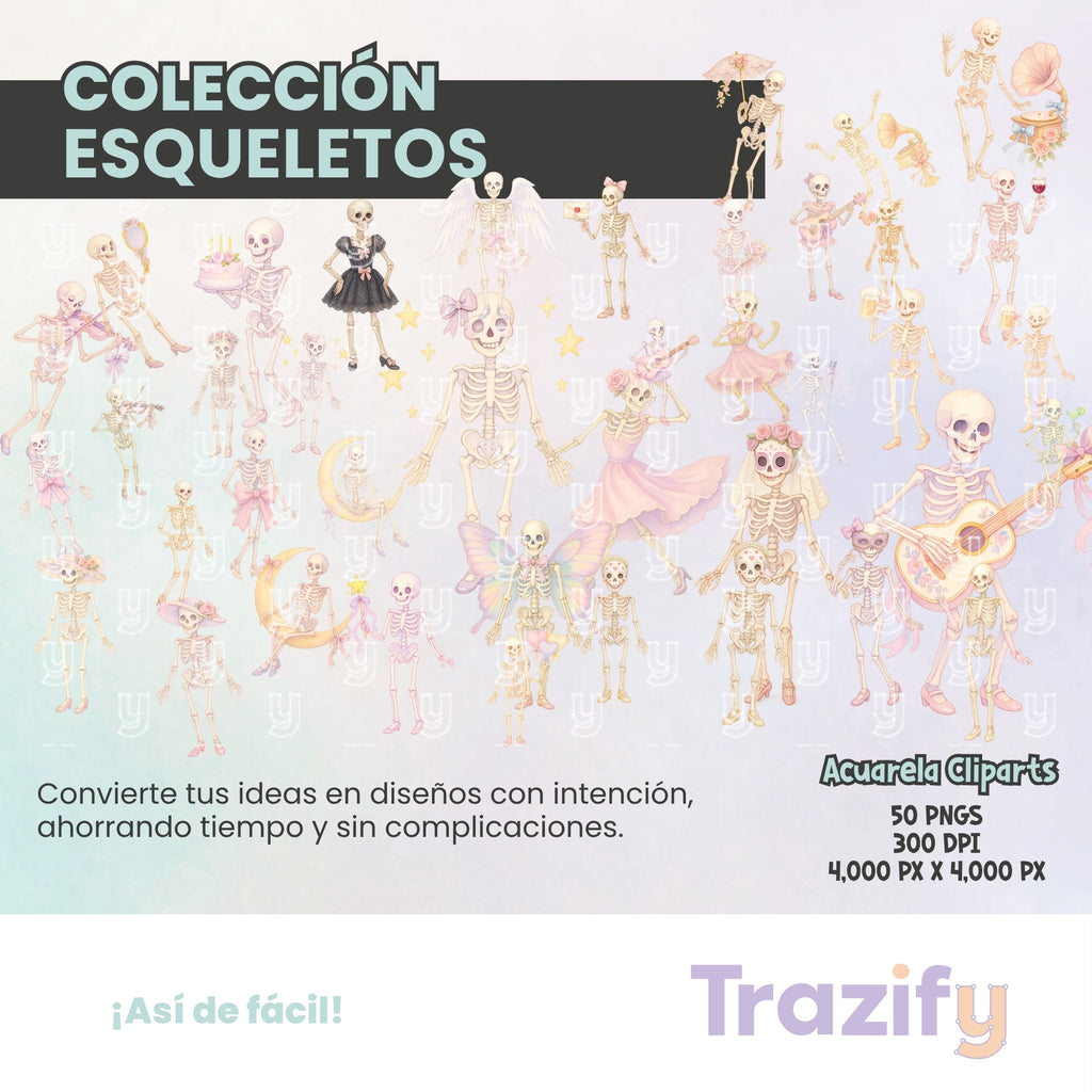 05 - Día de Muertos - ESQUELETOS COQUETTE Cliparts Digitales