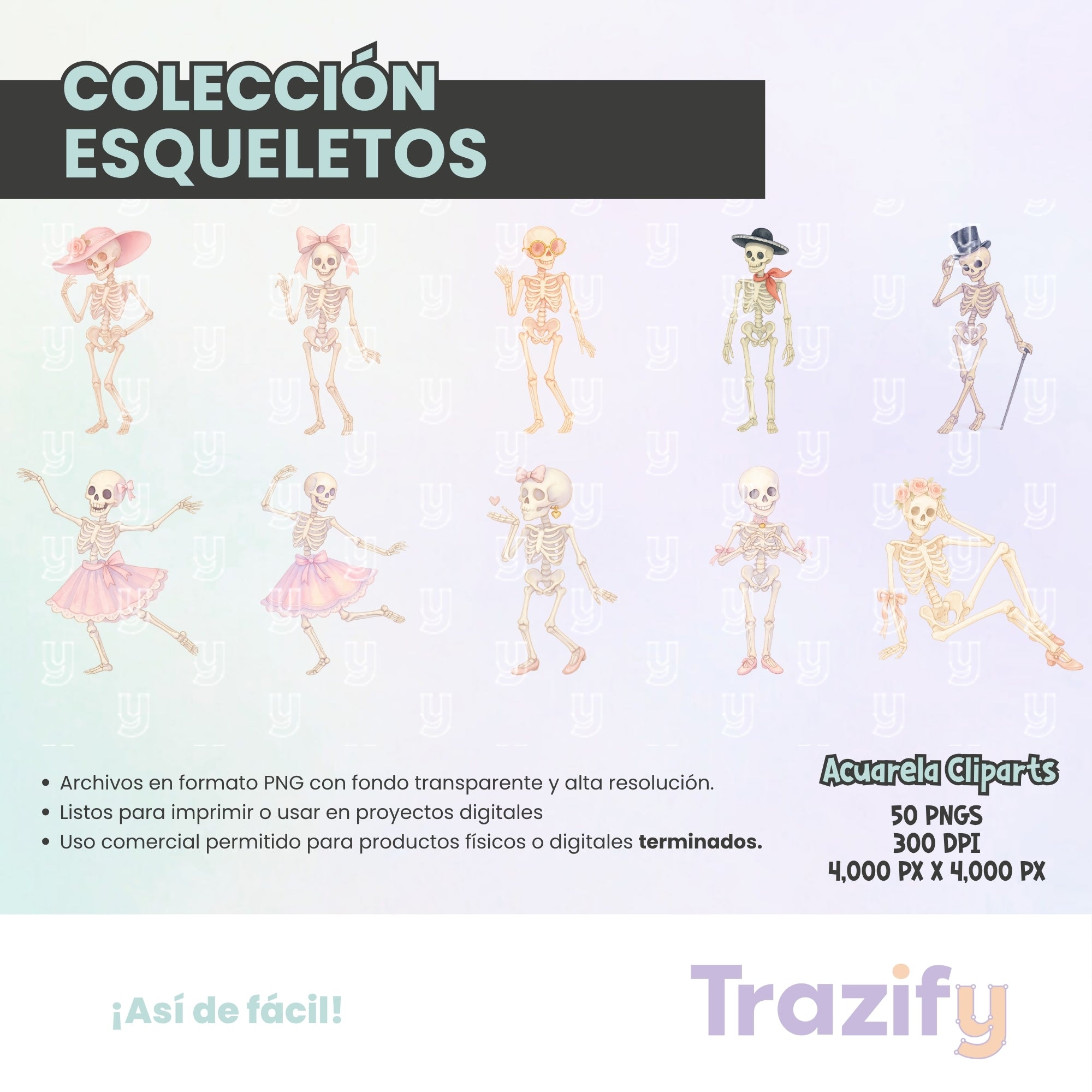 05 - Día de Muertos - ESQUELETOS COQUETTE Cliparts Digitales