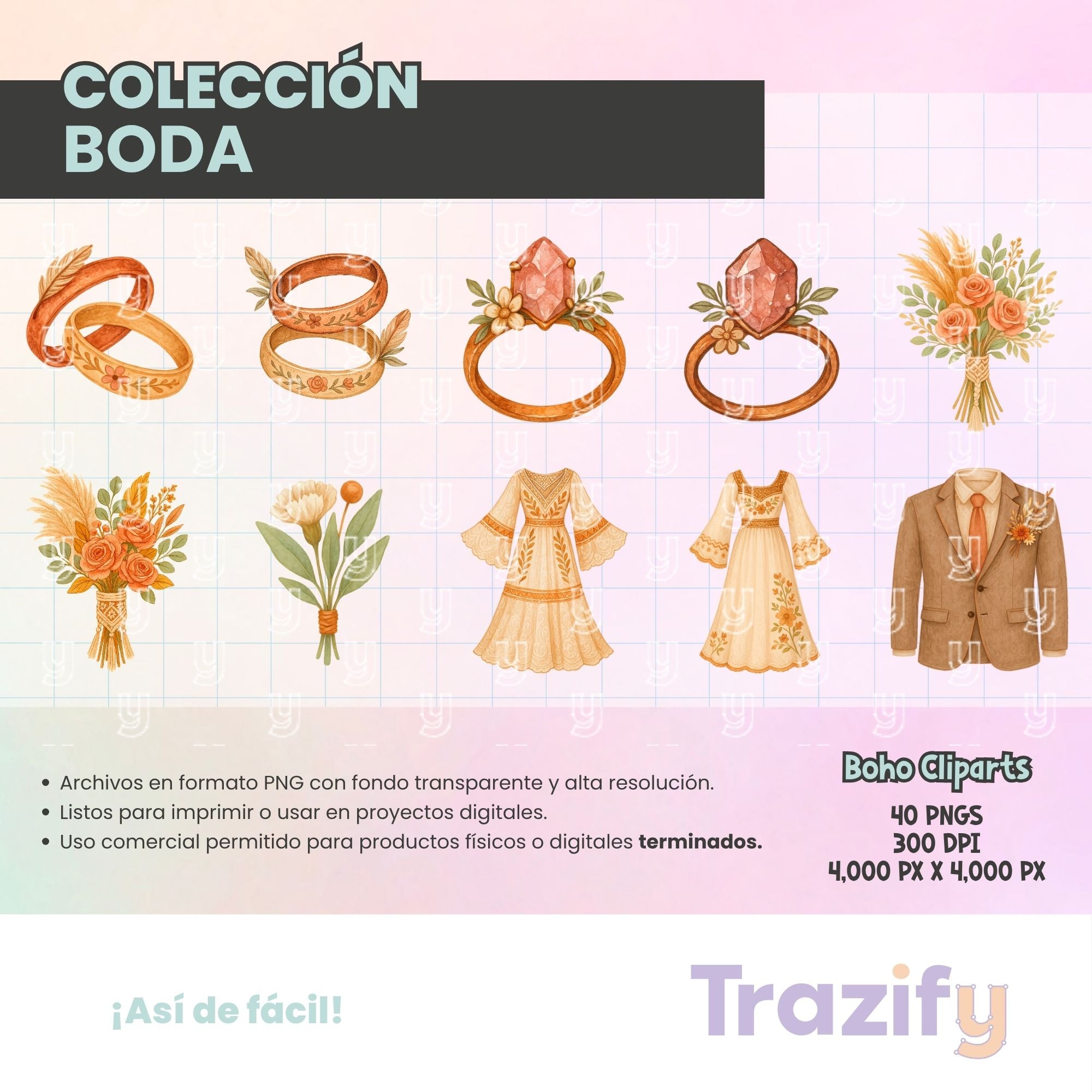 01 - Trazos de Amor Eterno - BODA BOHO Cliparts Digitales