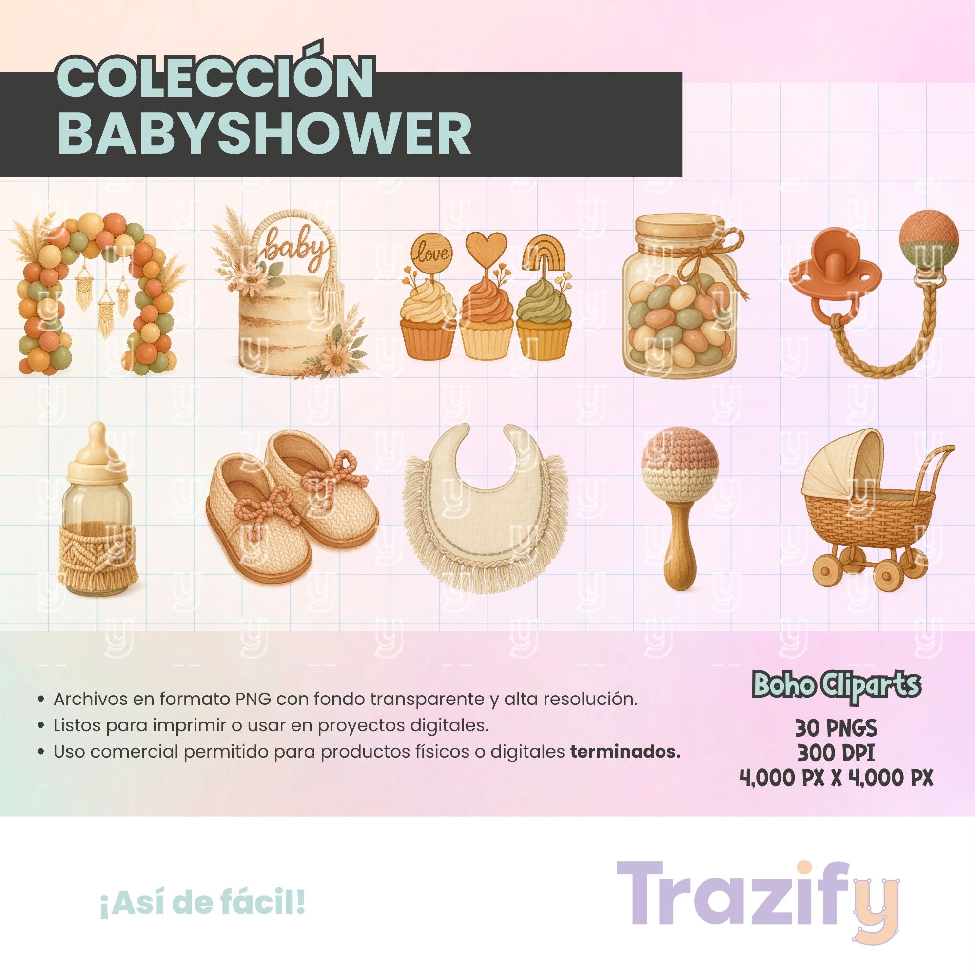 06 - Ternura En Cada Trazo - BABYSHOWER BOHO Cliparts Digitales