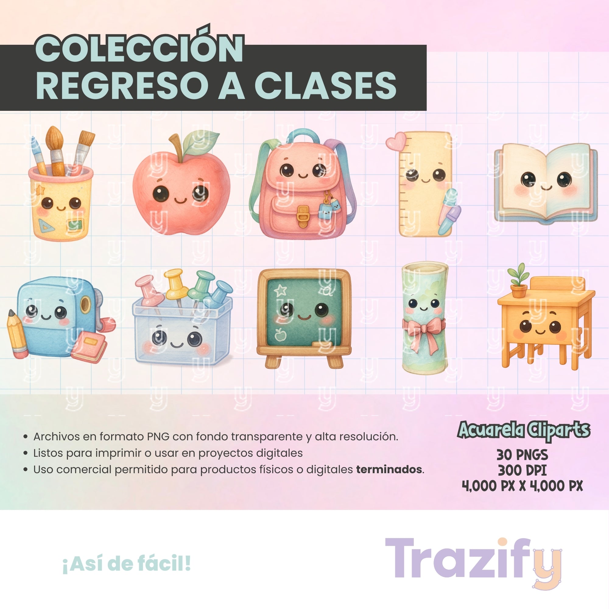01 - Regreso a Clases - KAWAII Acuarela Cliparts Digitales