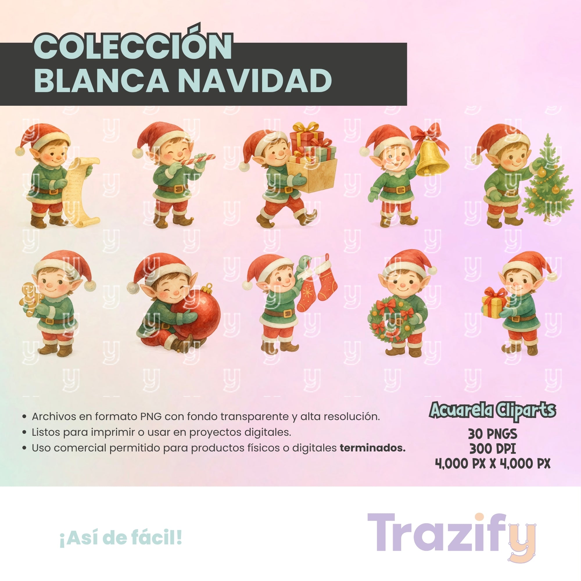 09 - Blanca Navidad - DUENDES NAVIDEÑOS ACUARELA Cliparts Digitales