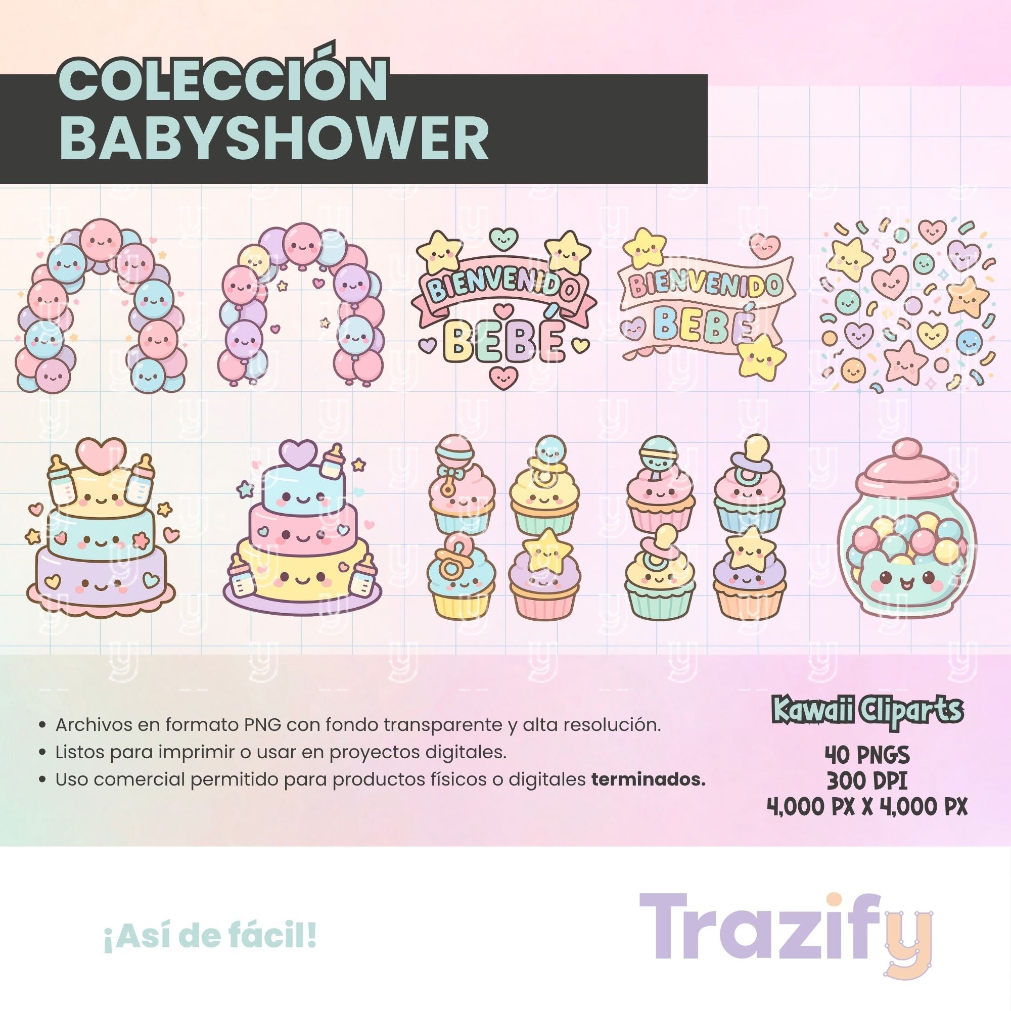 02 - Ternura En Cada Trazo - BABYSHOWER KAWAII Cliparts Digitales