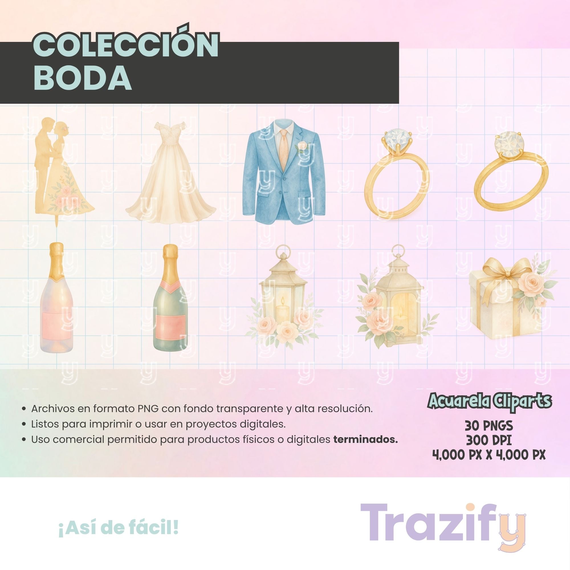 03 - Trazos de Amor Eterno - BODA ACUARELA Cliparts Digitales