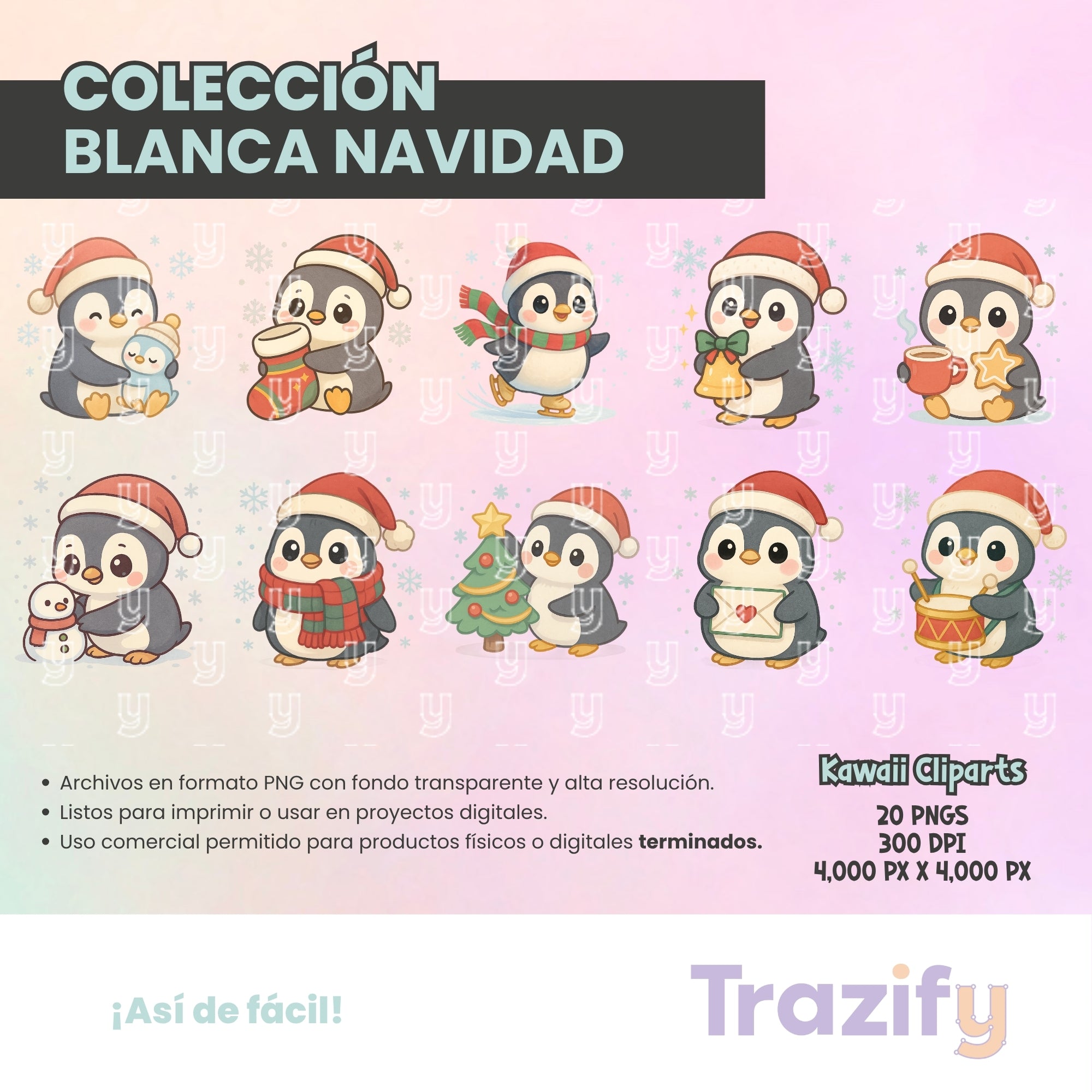 11 - Blanca Navidad - PINGÜINOS NAVIDEÑOS KAWAII Cliparts Digitales