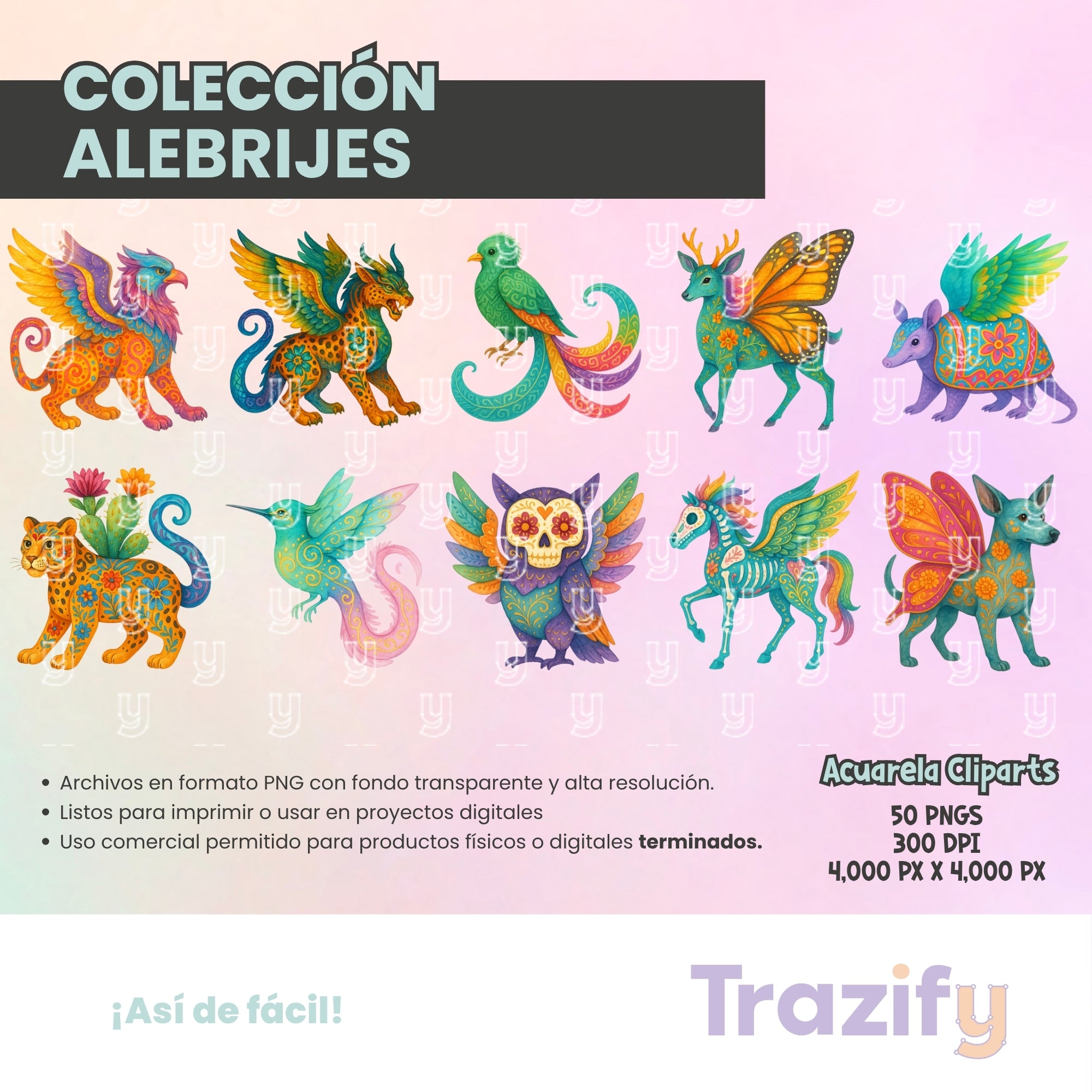 03 - Día de Muertos - ACUARELA ALEBRIJES Cliparts Digitales