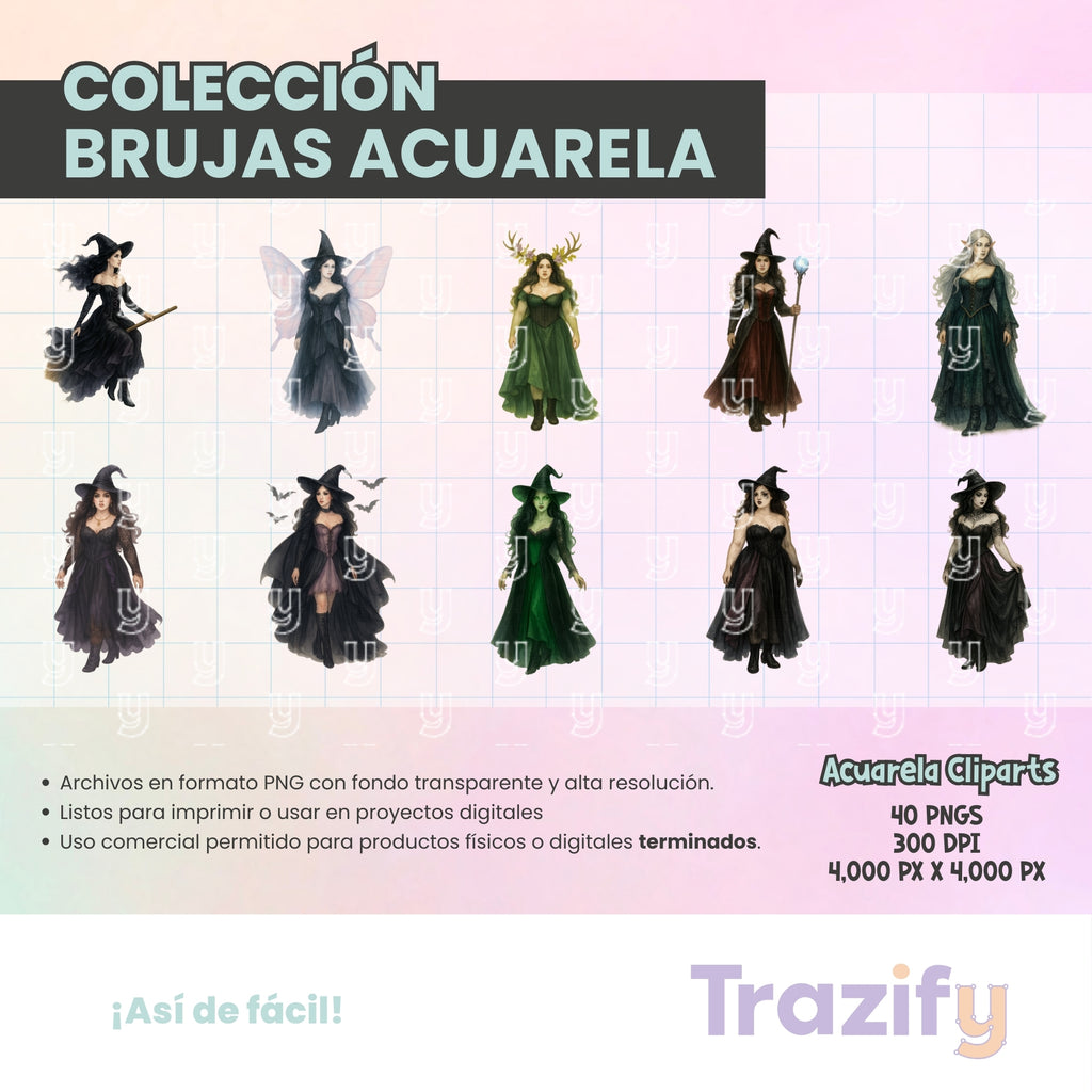 02 - Halloween - BRUJAS ACUARELA Cliparts Digitales