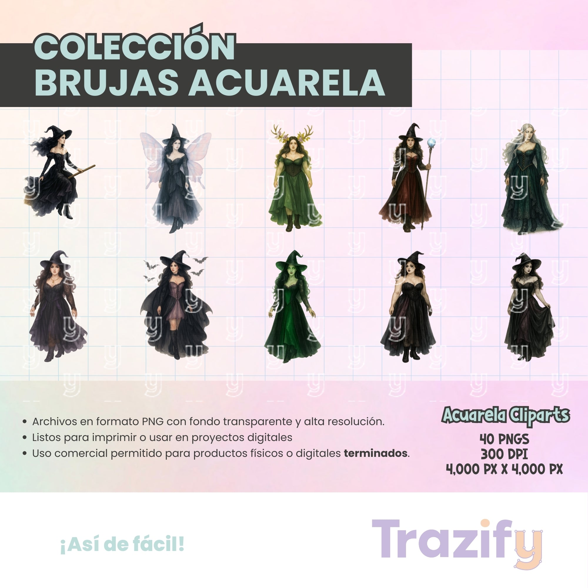 02 - Halloween - BRUJAS ACUARELA Cliparts Digitales