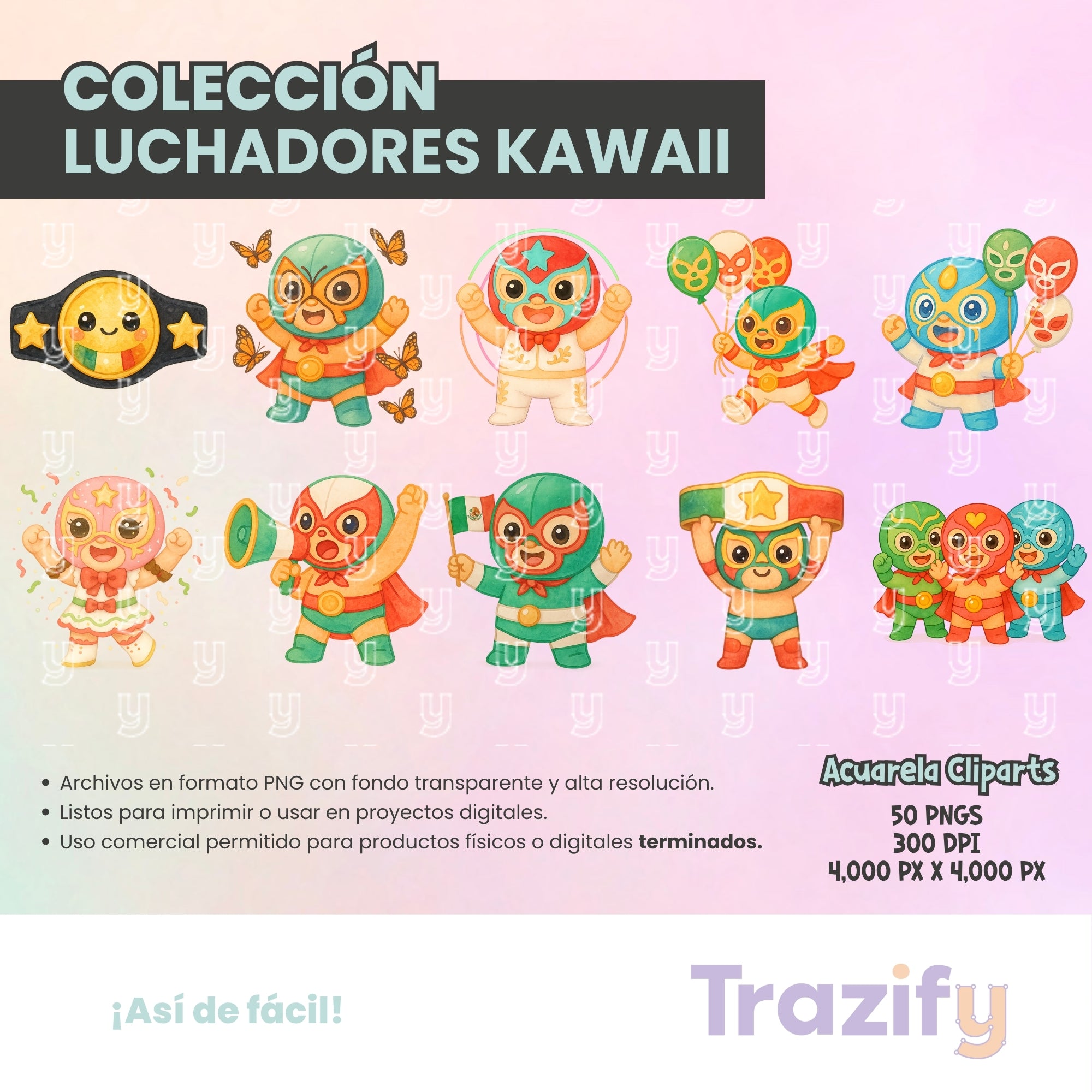 02 - Luchadores - ACUARELA KAWAII Cliparts Digitales