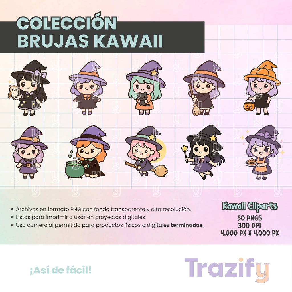 03 - Halloween - BRUJAS KAWAII Cliparts Digitales