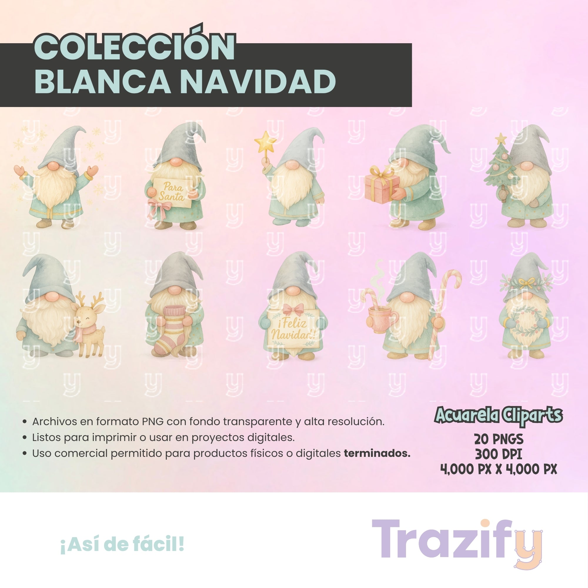 10 - Blanca Navidad - DUENDES NAVIDEÑOS ACUARELA Cliparts Digitales