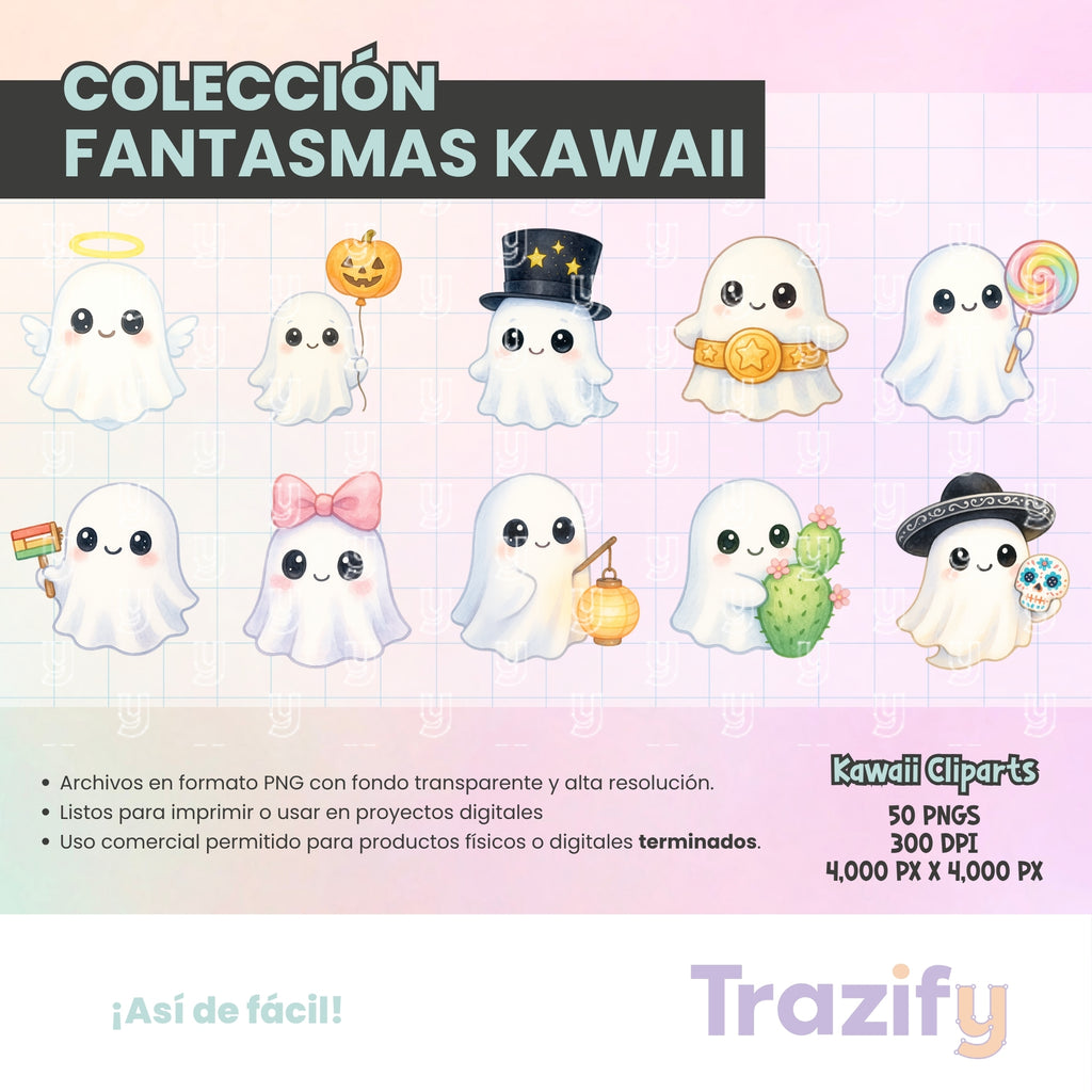04 - Halloween - FANTASMAS KAWAII Cliparts Digitales