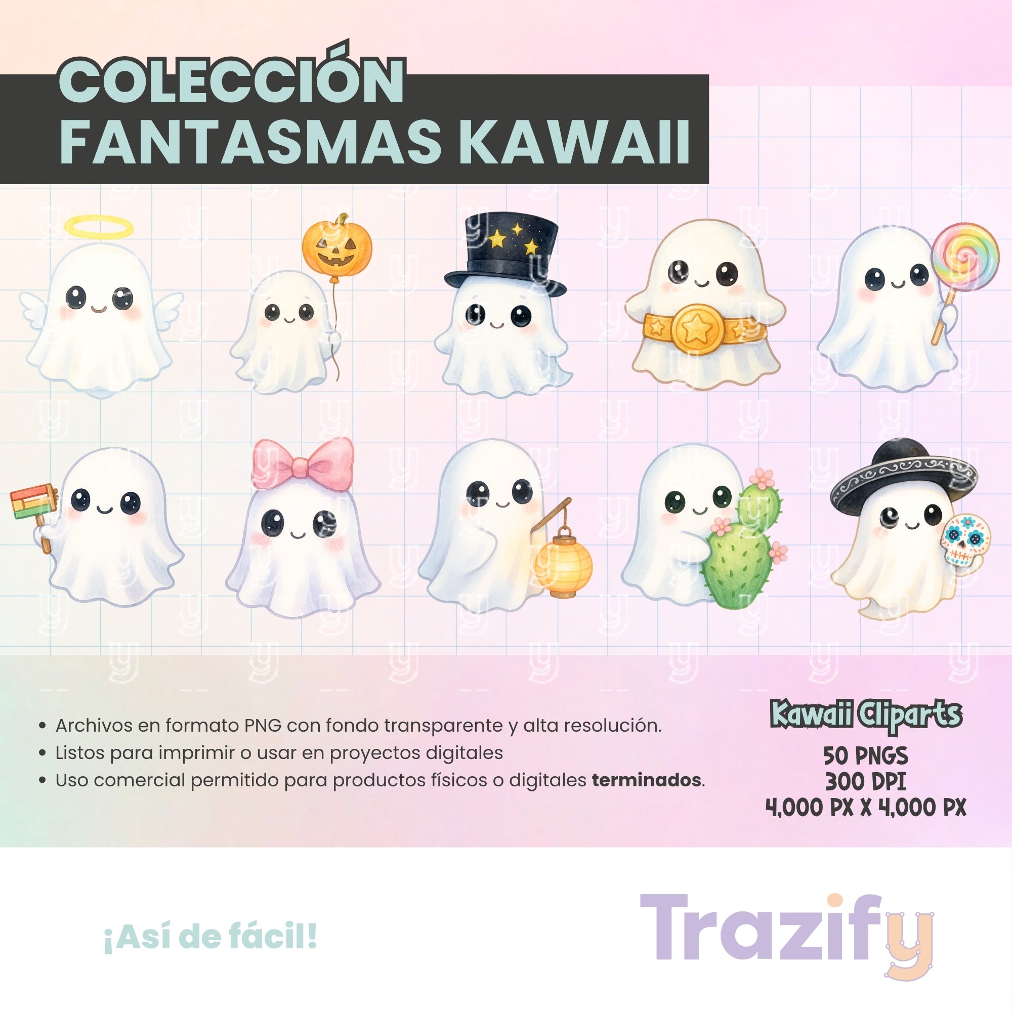 04 - Halloween - FANTASMAS KAWAII Cliparts Digitales