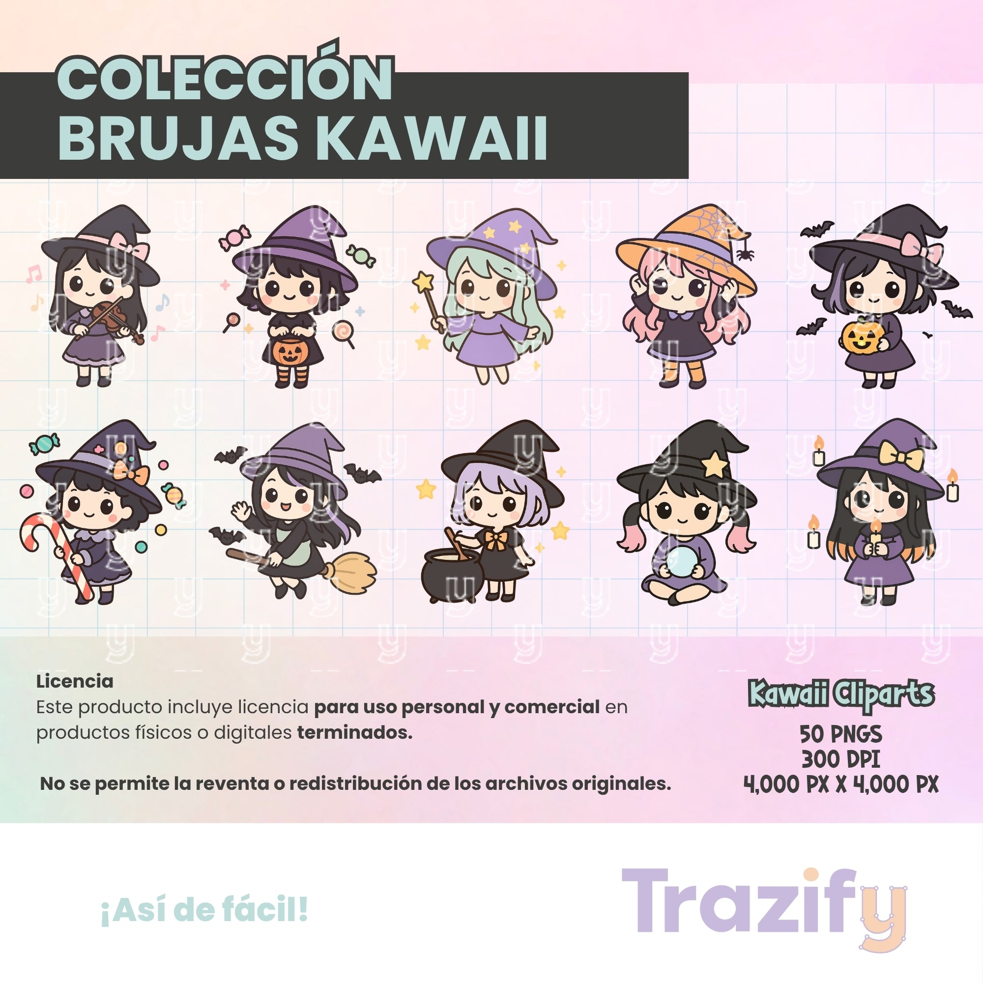 03 - Halloween - BRUJAS KAWAII Cliparts Digitales