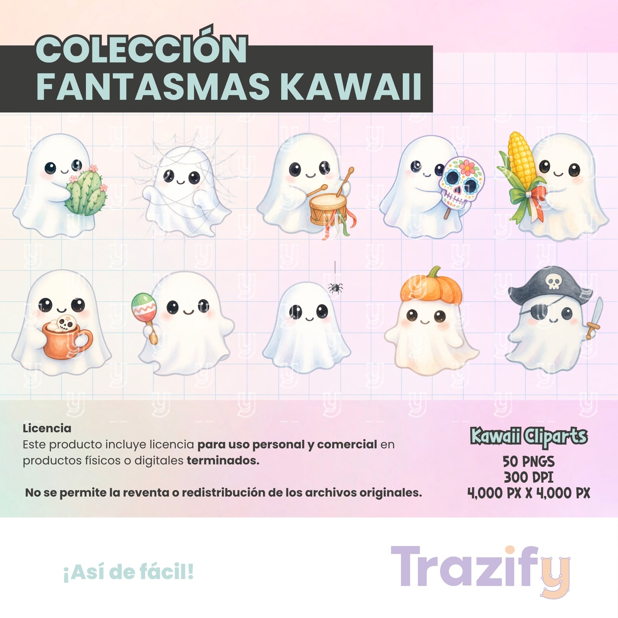 04 - Halloween - FANTASMAS KAWAII Cliparts Digitales