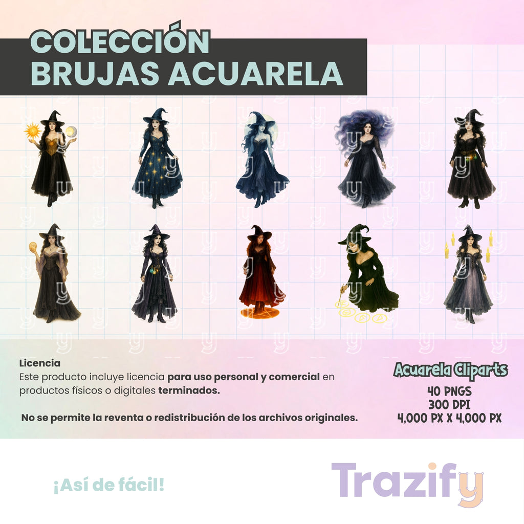 02 - Halloween - BRUJAS ACUARELA Cliparts Digitales