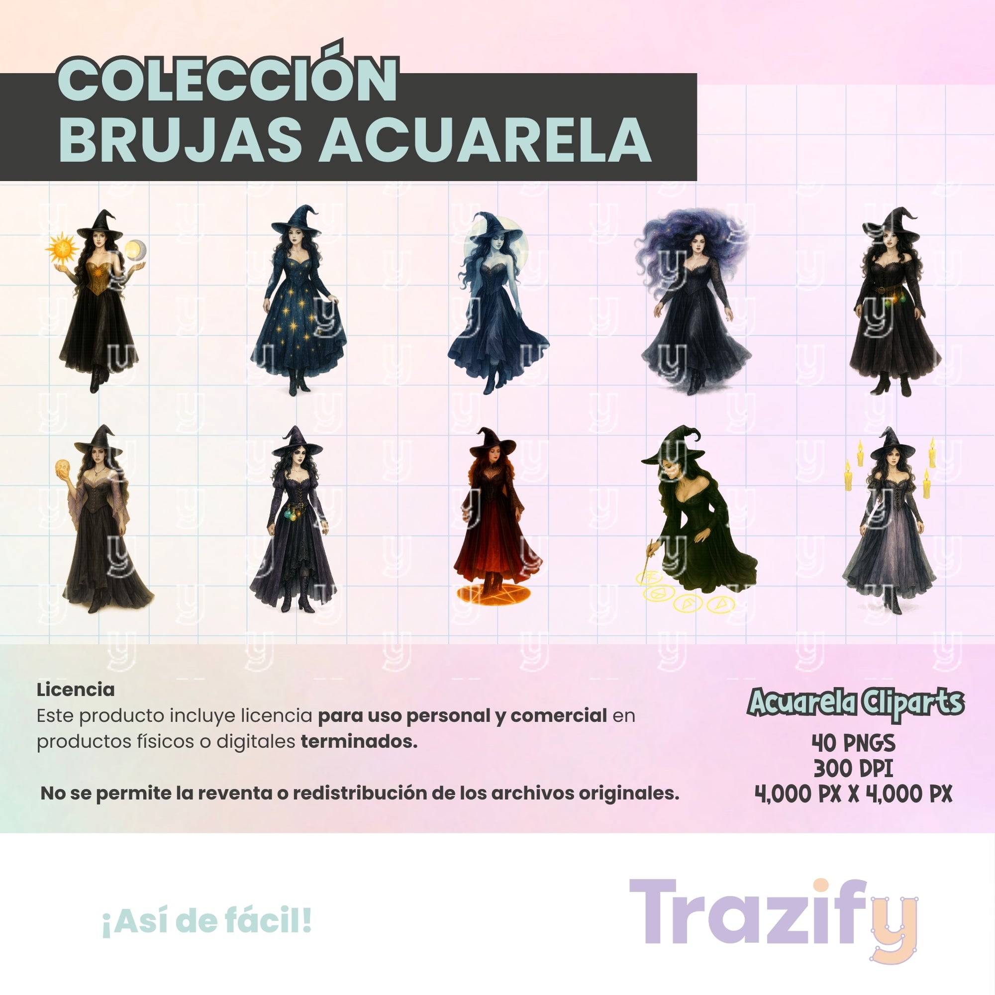 02 - Halloween - BRUJAS ACUARELA Cliparts Digitales