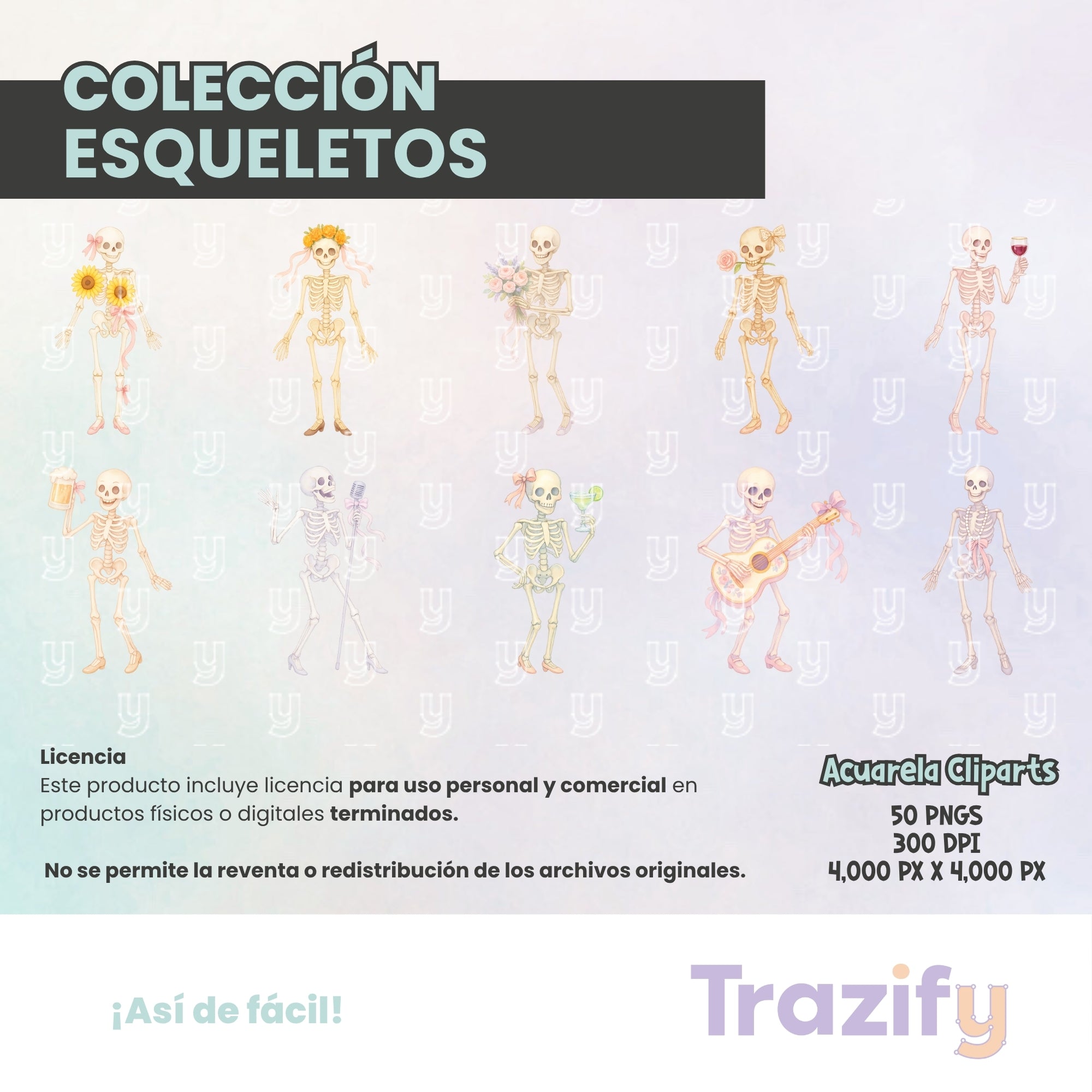 05 - Día de Muertos - ESQUELETOS COQUETTE Cliparts Digitales