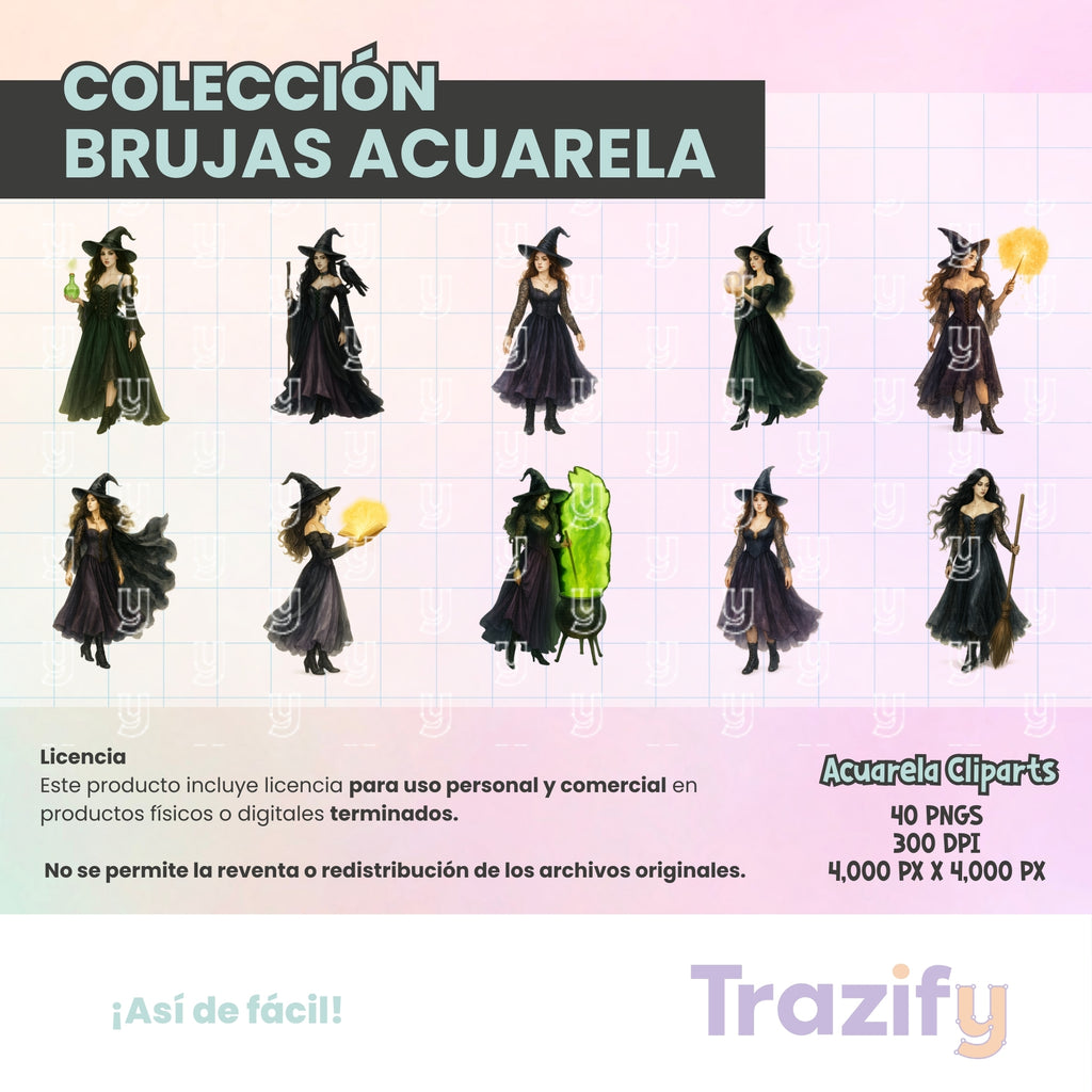 02 - Halloween - BRUJAS ACUARELA Cliparts Digitales
