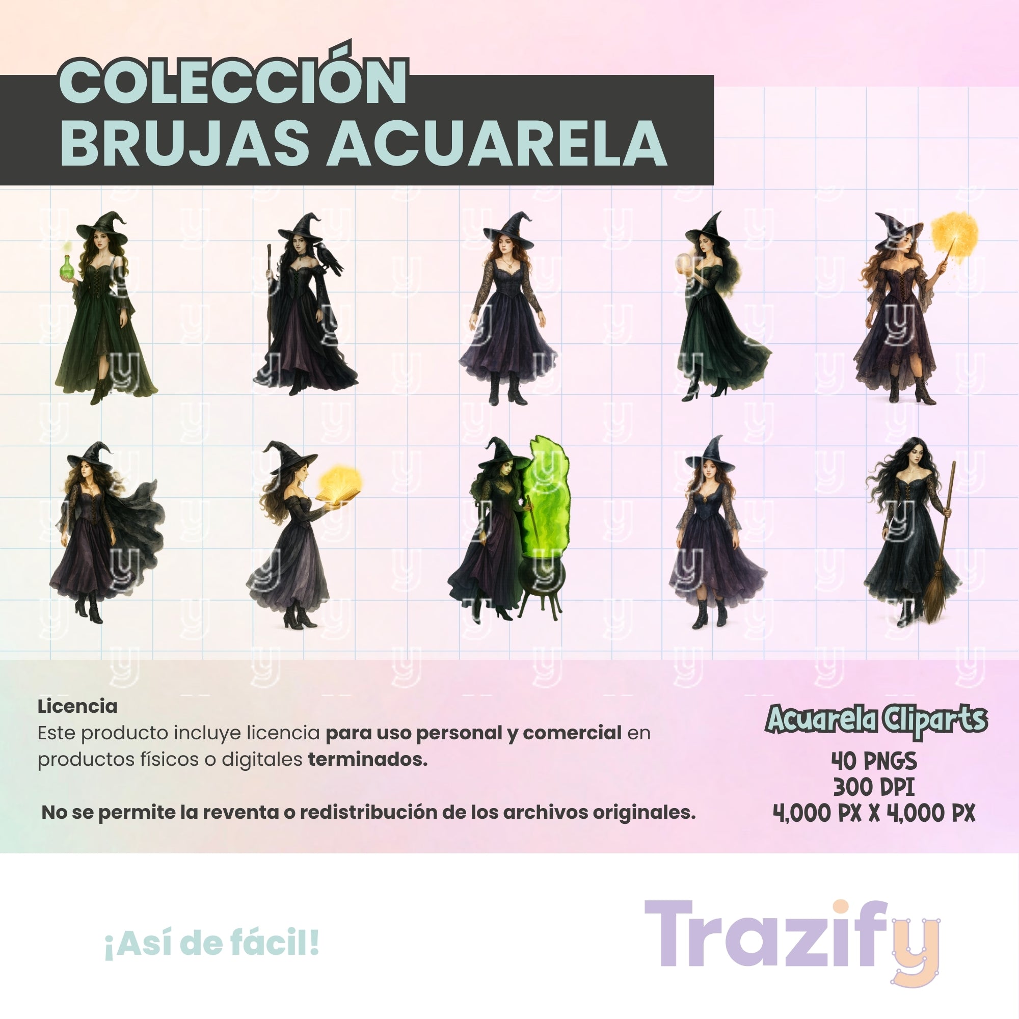 02 - Halloween - BRUJAS ACUARELA Cliparts Digitales