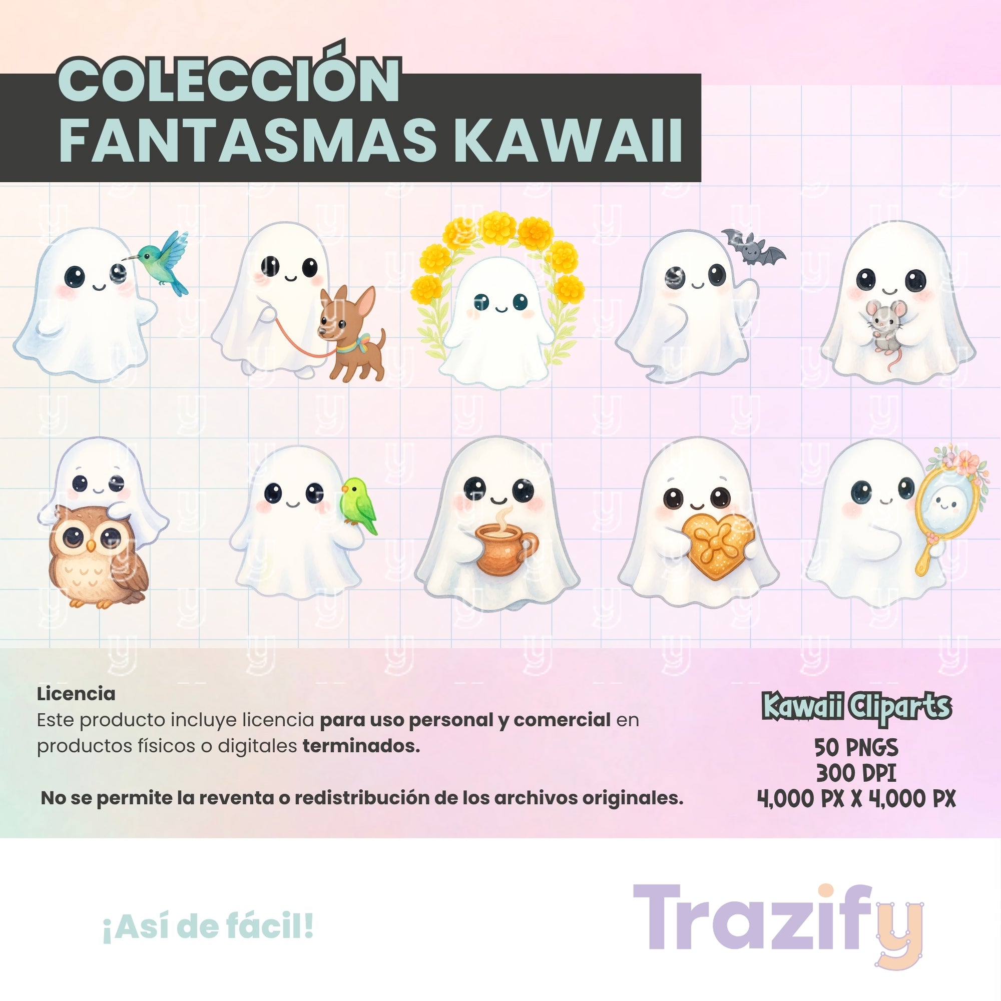 04 - Halloween - FANTASMAS KAWAII Cliparts Digitales