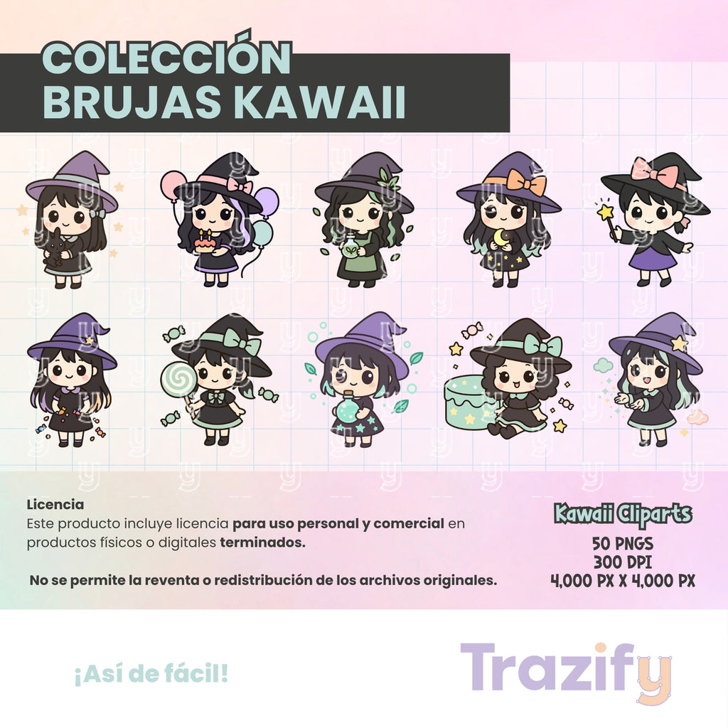 03 - Halloween - BRUJAS KAWAII Cliparts Digitales