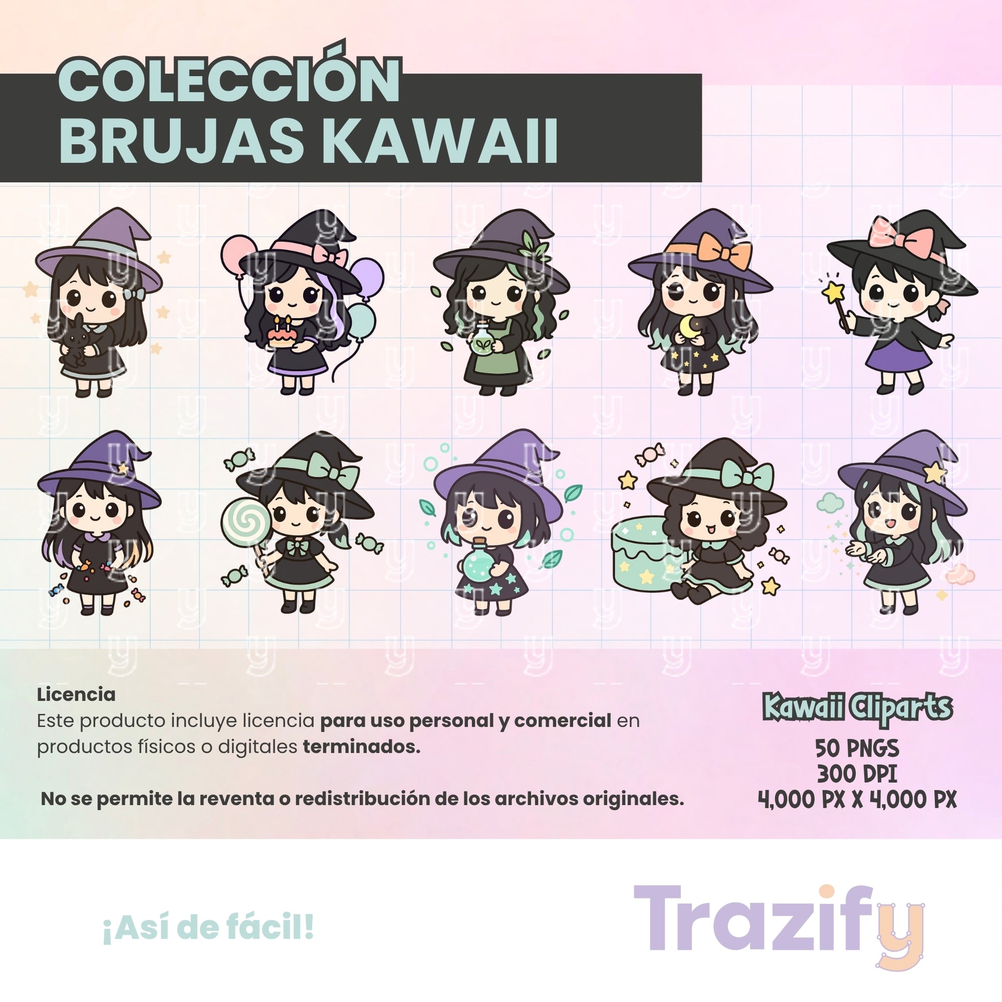 03 - Halloween - BRUJAS KAWAII Cliparts Digitales