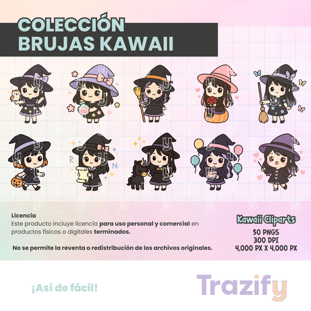 03 - Halloween - BRUJAS KAWAII Cliparts Digitales