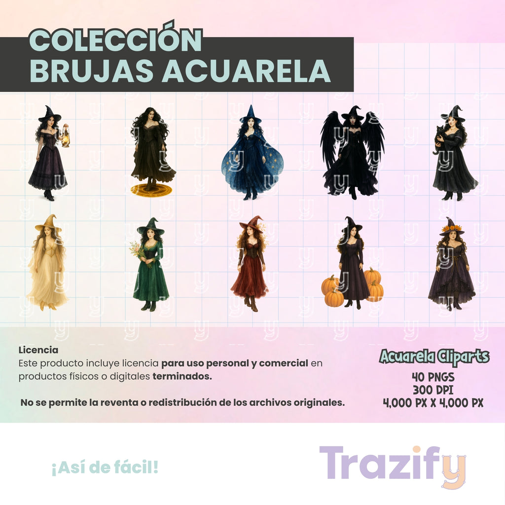 02 - Halloween - BRUJAS ACUARELA Cliparts Digitales
