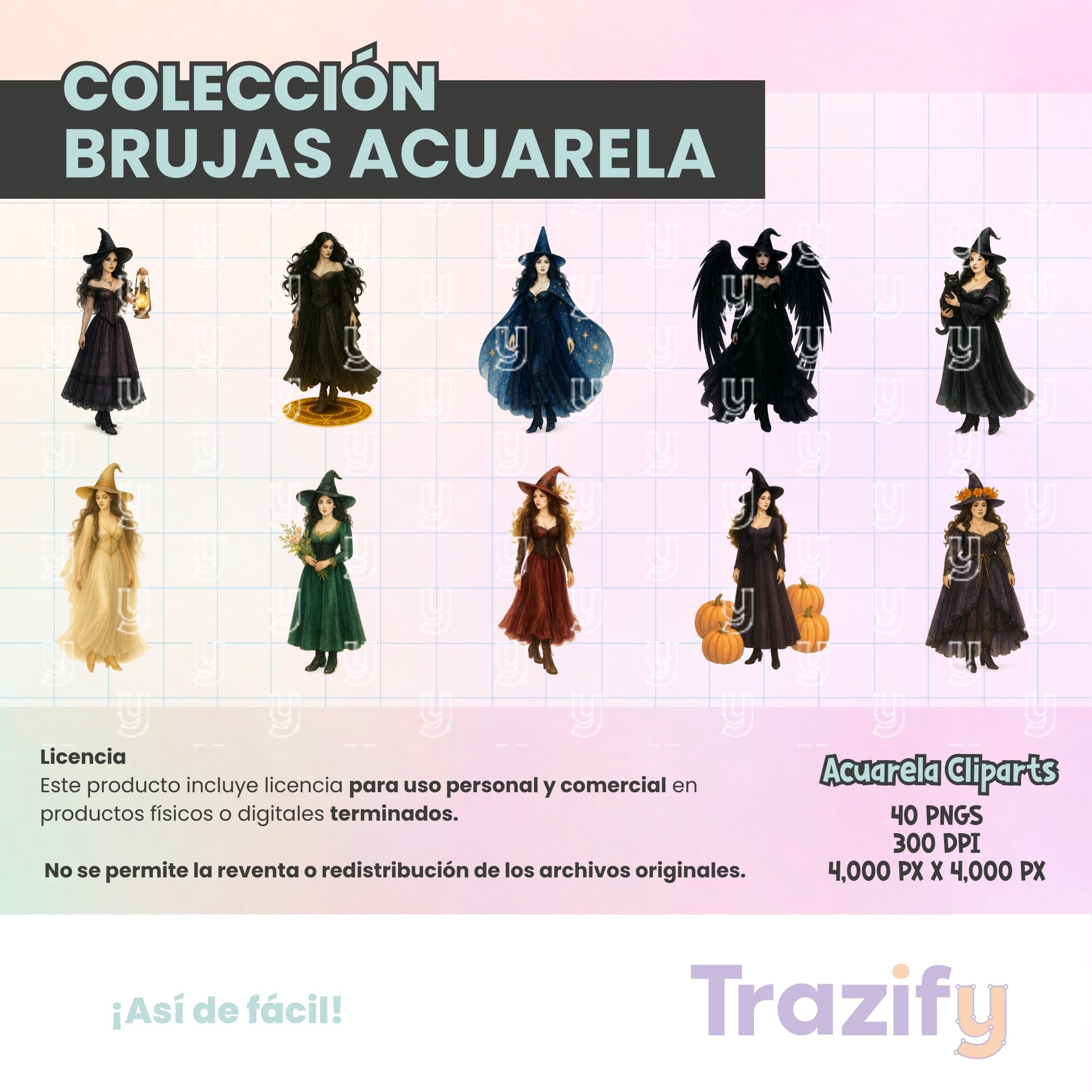 02 - Halloween - BRUJAS ACUARELA Cliparts Digitales