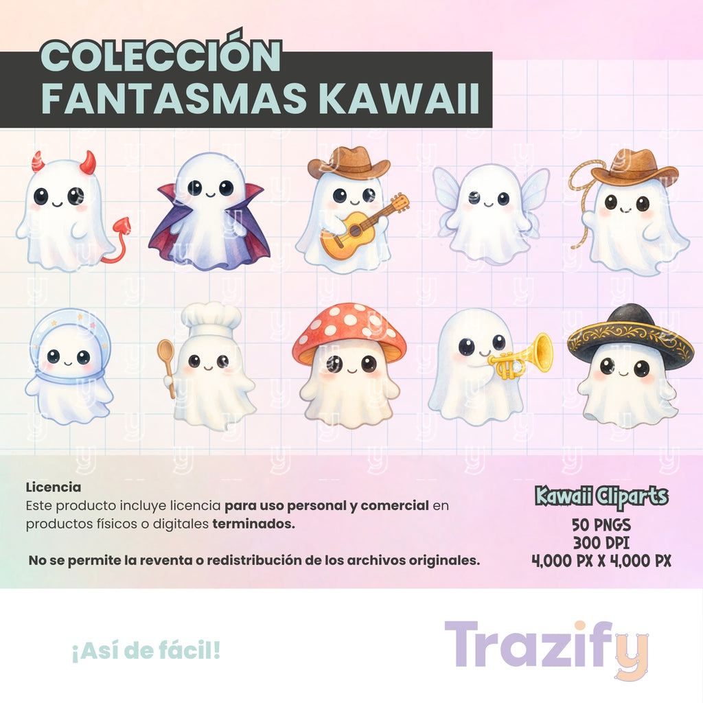 04 - Halloween - FANTASMAS KAWAII Cliparts Digitales