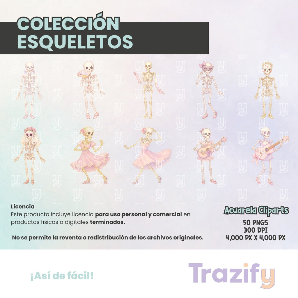 05 - Día de Muertos - ESQUELETOS COQUETTE Cliparts Digitales