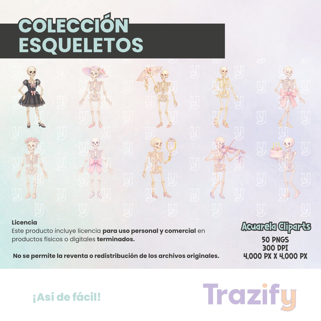 05 - Día de Muertos - ESQUELETOS COQUETTE Cliparts Digitales