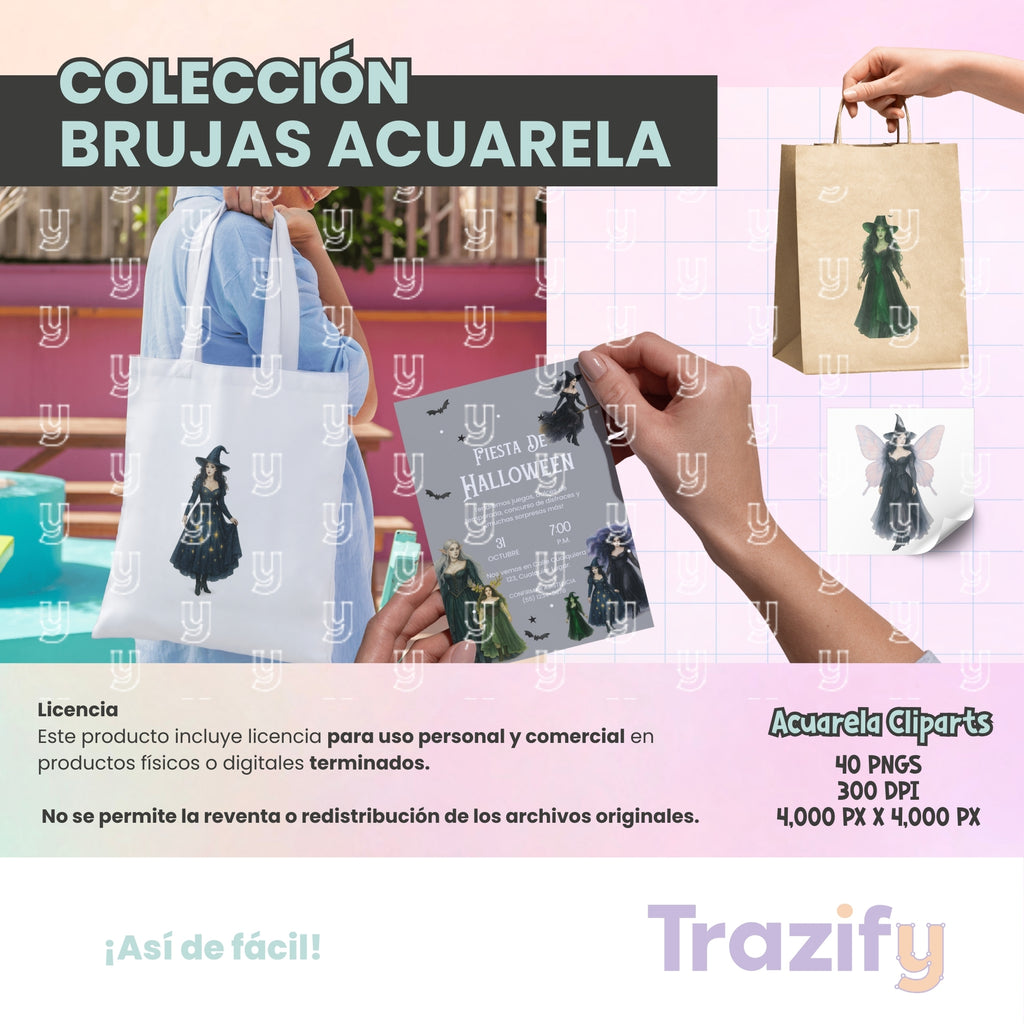 02 - Halloween - BRUJAS ACUARELA Cliparts Digitales