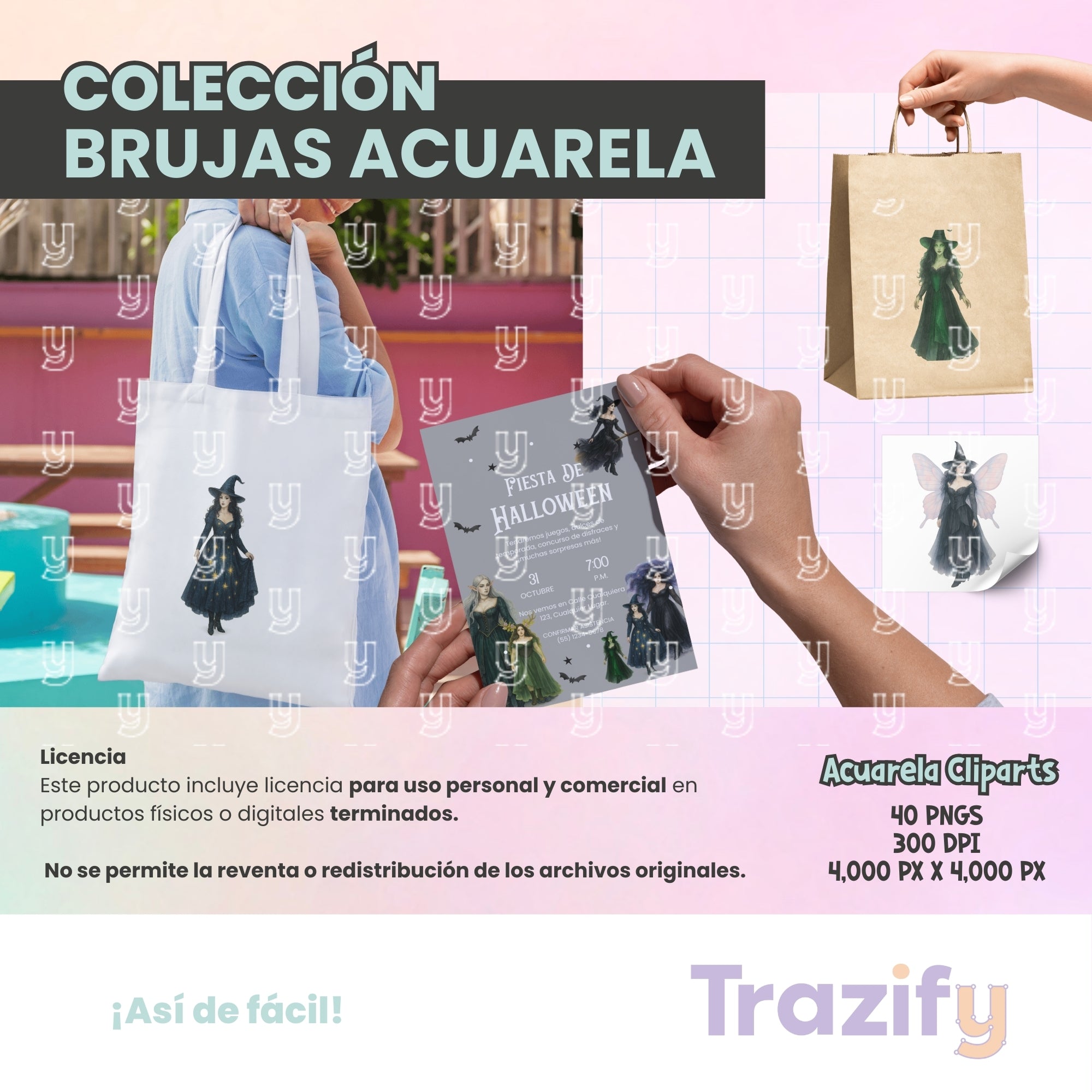 02 - Halloween - BRUJAS ACUARELA Cliparts Digitales