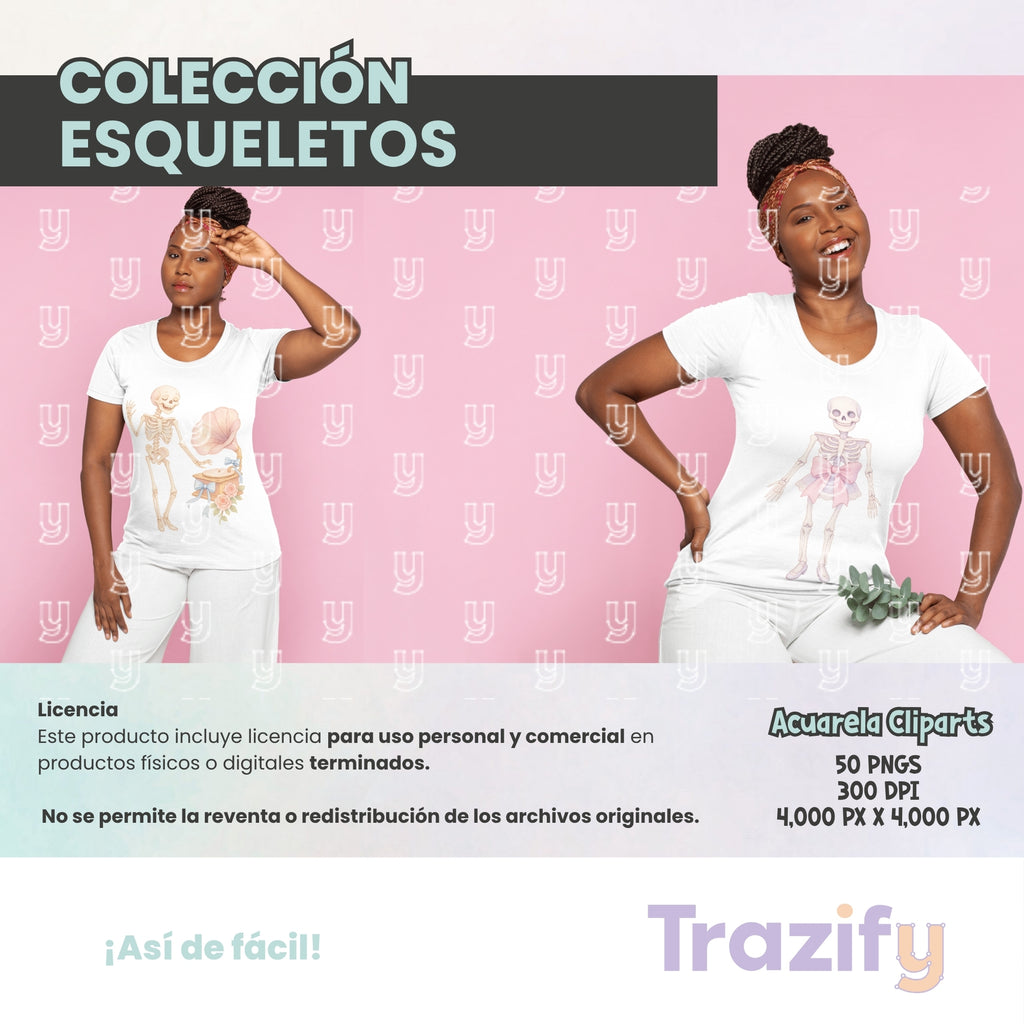 05 - Día de Muertos - ESQUELETOS COQUETTE Cliparts Digitales